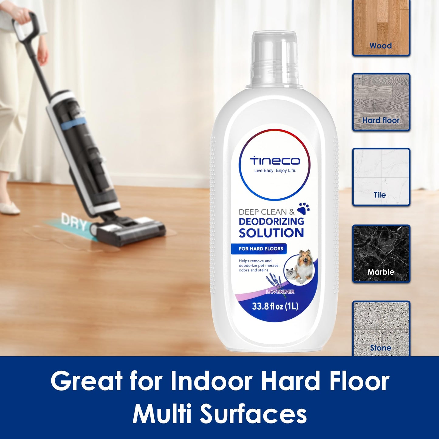 Tineco Floor Cleaning Solution 1L (33.8oz), Lavender Scent, Deep Cleaner for Multi-Hard Floors, Compatible with iFLOOR & FLOOR ONE S3/S5/S6/S7/S9 Artist & S6/S7/S9 Master Series, Non-Steam Compatible