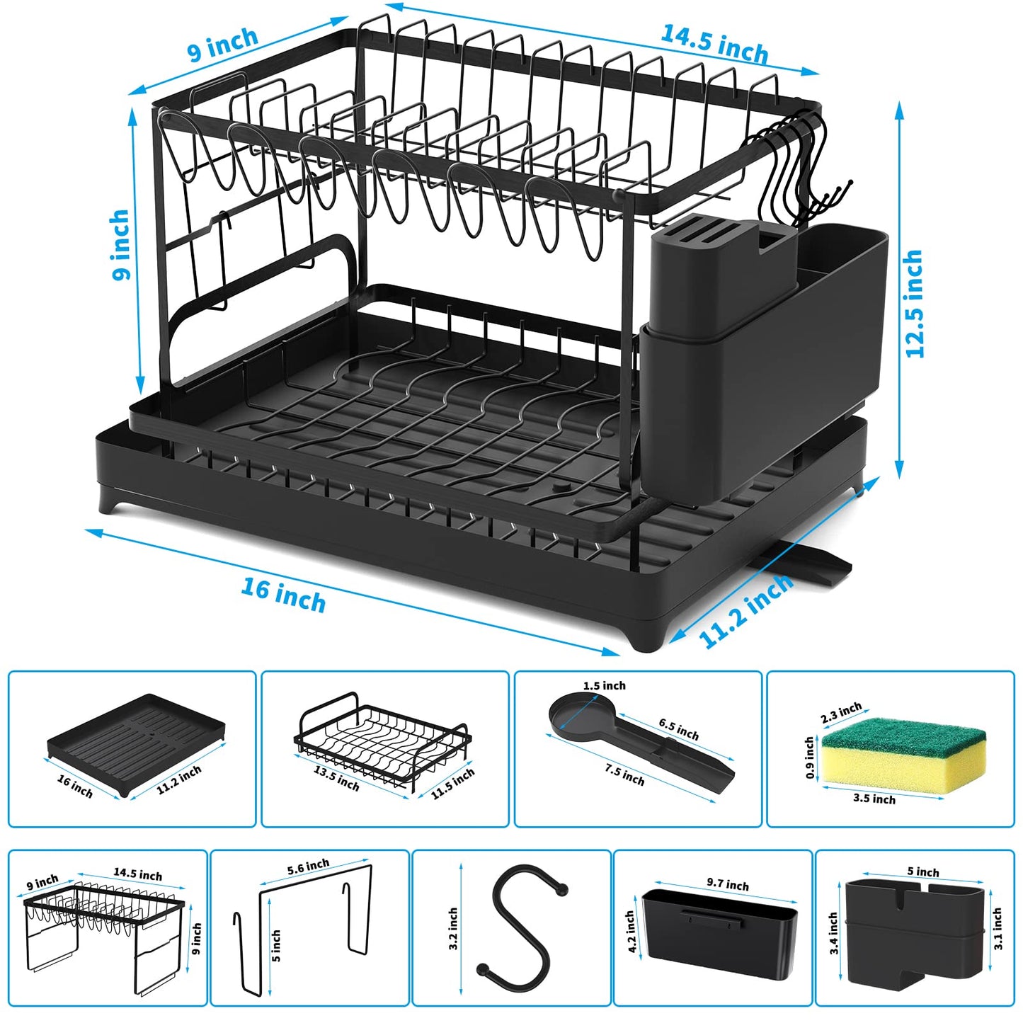 XLMYS Dish Drying Rack, 2 Tier Large Dish Drying Rack for Kitchen Counter with Drainboard Stainless Steel Dish Drainer for Dish/Knifes/Cup/Cutting Board, Black