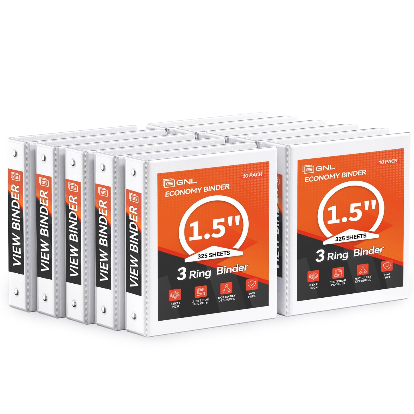 GNL 1.5 Inch 3 Ring Binders Economy 10 Packs White, 1 1/2" Three Ring (Fits 325 Sheets of 8.5x11 Paper) Clear View PVC-Free & Non-Stick for School or Office Supplies