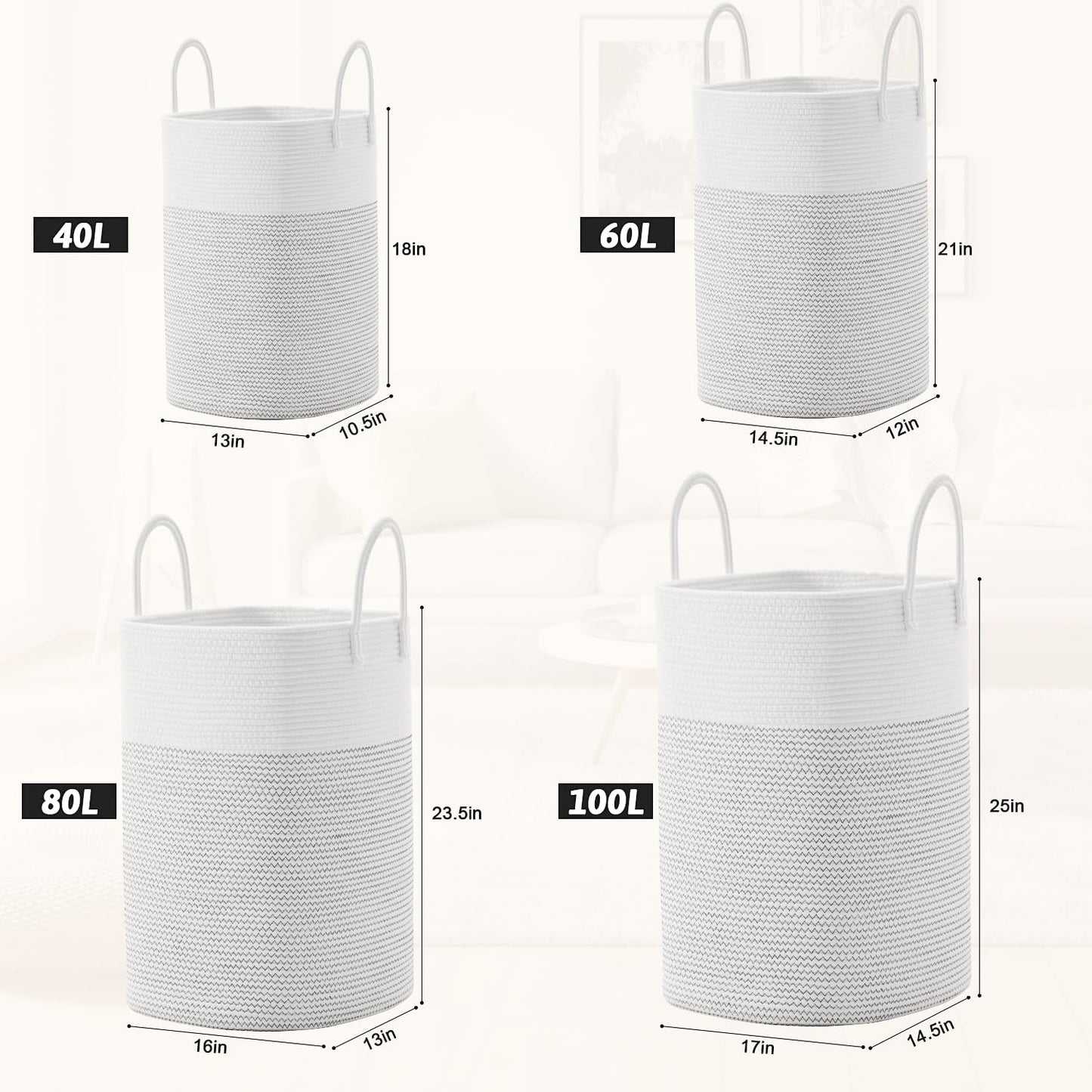 Artfeel Laundry Basket,Woven Cotton Rope Laundry Hamper,100L Versatile Storage for Dirty Clothes,Baby Toys,and Blankets in Bathroom, Nursery,and Living Room