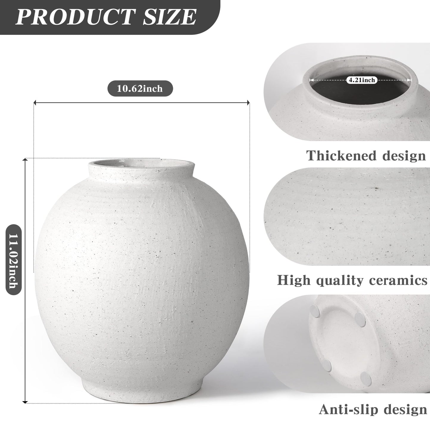 YSNN White Ceramic Large Vase - 11 Inch Round Modern Ceramic Vases,Tall Vase for Decor Living Room Table Decor and Festive Home Interiors