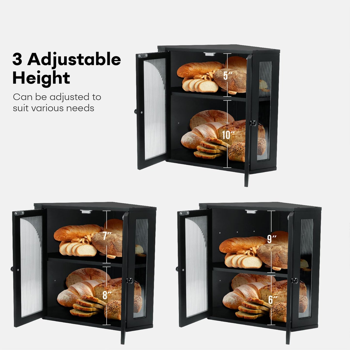 Thalomely Corner Bread Box for Kitchen Countertop, Double Layer Bamboo Bread Storage Container for Homemade Bread, Large Capacity Bread Holder with 3 Adjustable Height for Counter, Breadbox Organizer