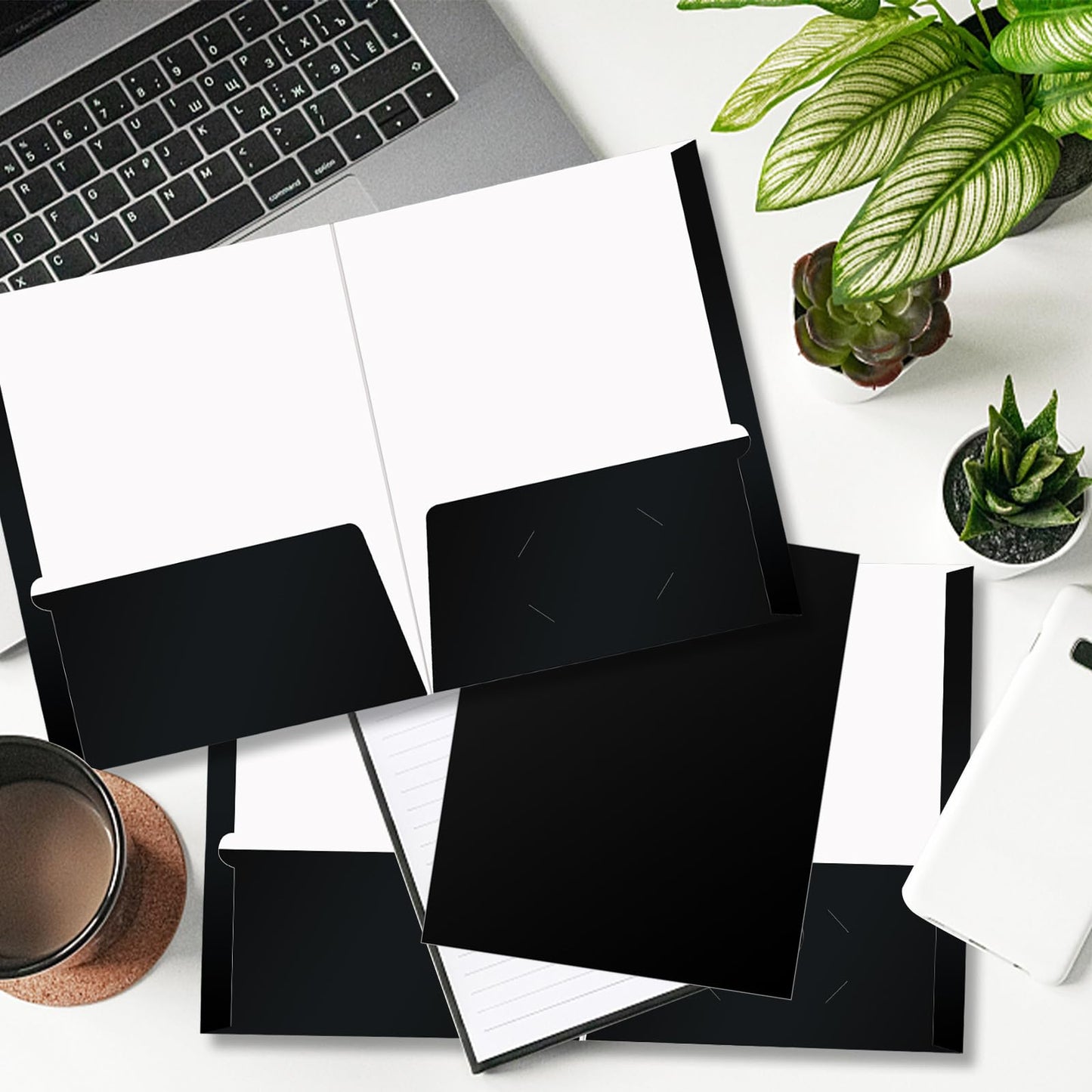 TANEMUDO 60 Pack 2 Pocket Glossy Paper Folders for Letter Size Papers in Glossy Laminated Bulk Presentation Portfolio Folders for Office, School, Teacher (Black)