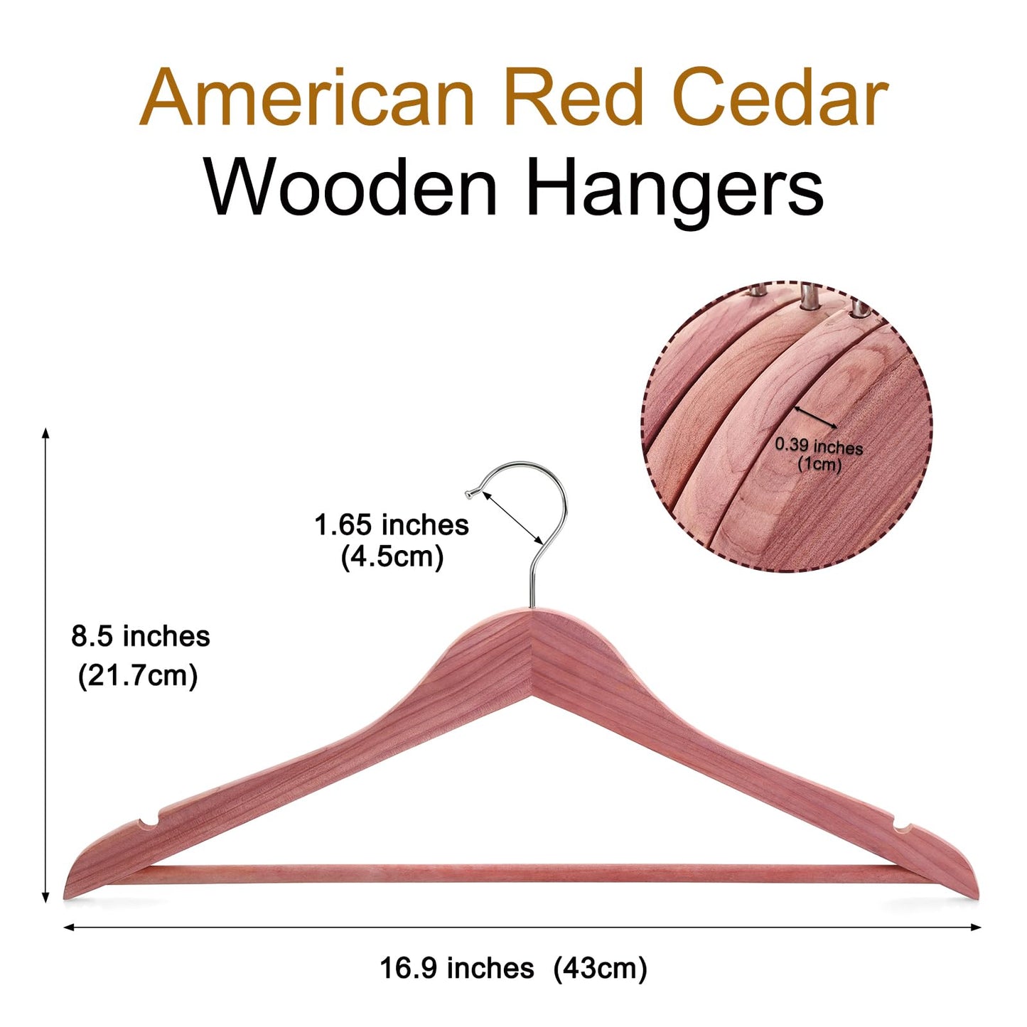 TOPIA HANGER 30-Pack American Red Cedar Wooden Hangers, Clothes Hangers for Closet, Wood Coat Hanger with Smooth Cut Notches, 360° Swivel Hook, Non-Slip Pants Bar-CT54C30
