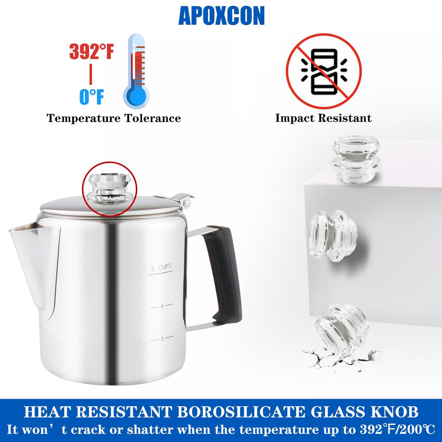 Multi Use Percolator Coffee Pot Stainless Steel Stove Top Coffee Maker with Two Tough Borosilicate Glass Knob Silica Handle Camping Coffee Pot Using on Campfire Stove & Induction Cooker Silver 6 Cup