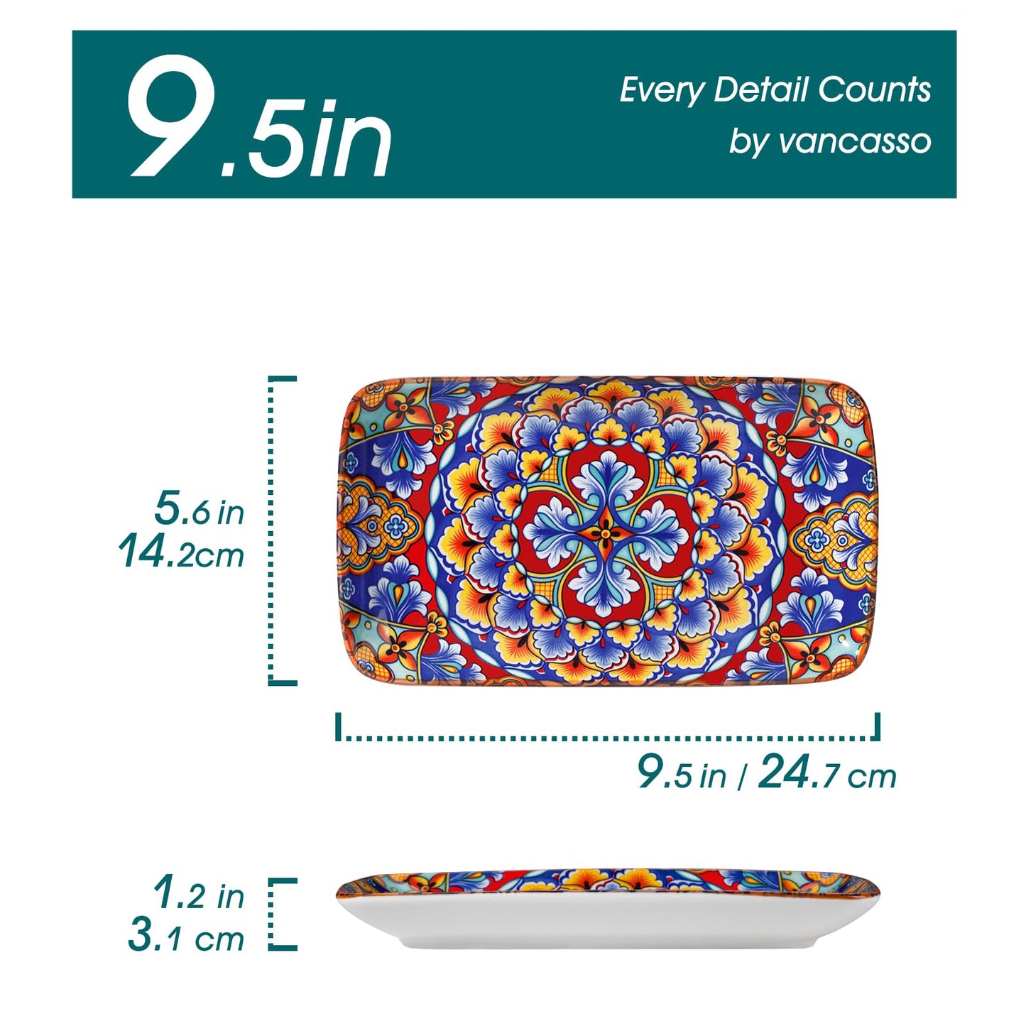 vancasso Simi 9.5 Inch Rectangular Dinner Plates Set of 6 - Bohemian Floral Design in 6 Vibrant Colors, Microwave & Dishwasher Safe Porcelain Plates for Salad, Appetizers, Entertaining