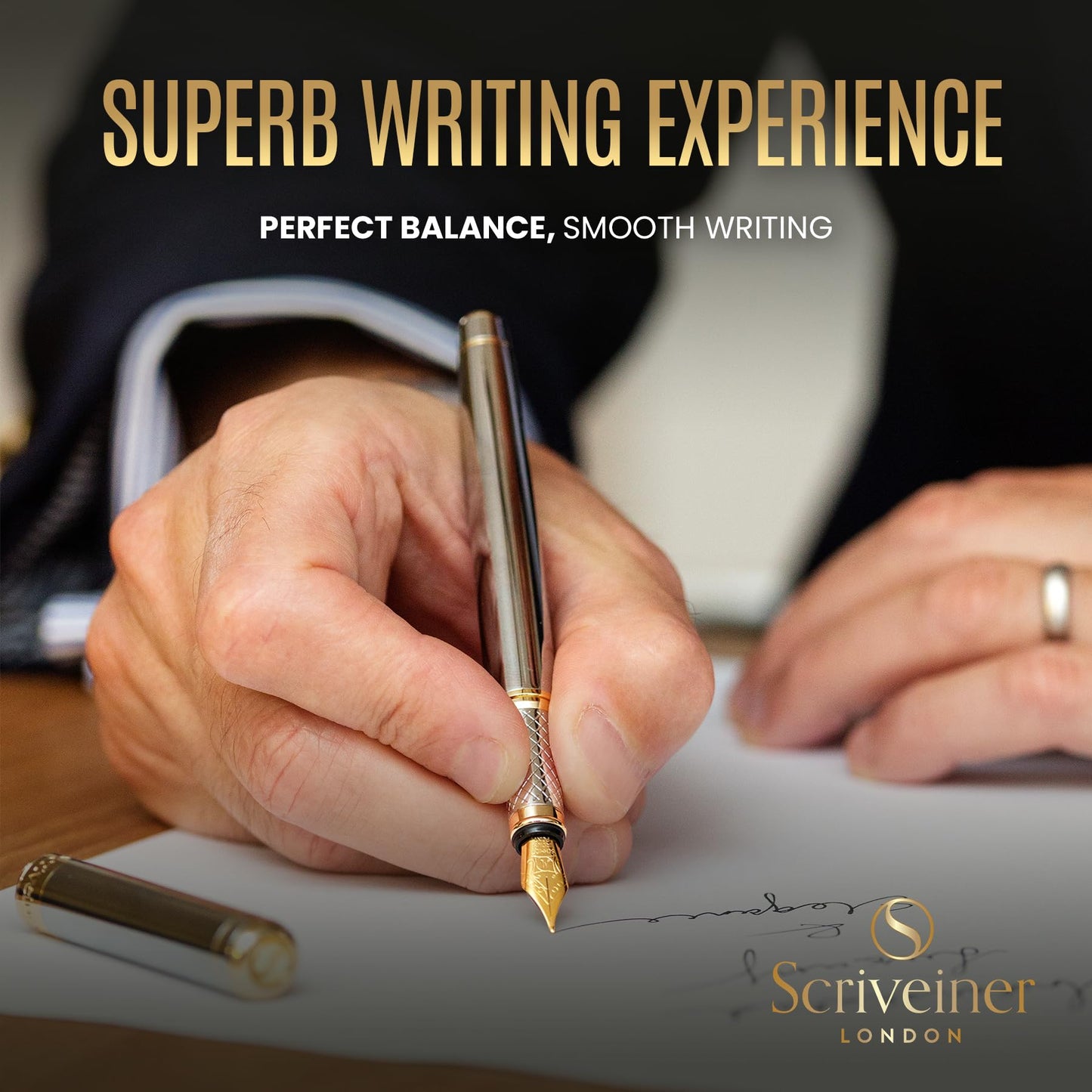 Scriveiner Silver Chrome Fountain Pen - Stunning Luxury Pen, Real Gold Finish Schmidt Gilded Nib (Medium), Best Pen Gift Set for Men & Women, Professional, Executive Office, Nice Pens