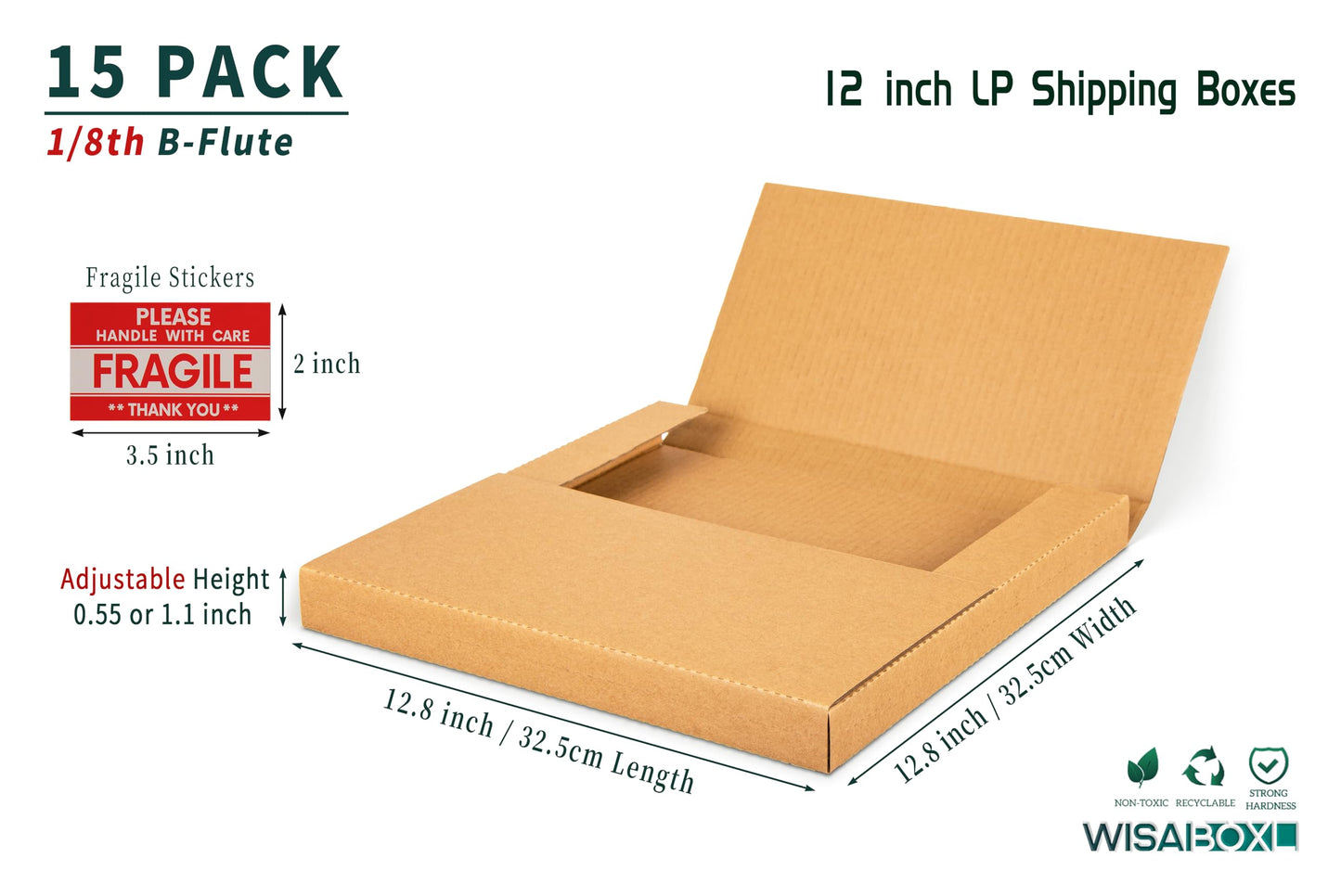 Wisaiboxl Kraft LP Mailers, 12.8x12.8x1 inch, Easy-Fold, Multi-Depth Vinyl Record Shipping Boxes with Fragile Stickers, 15 Pack
