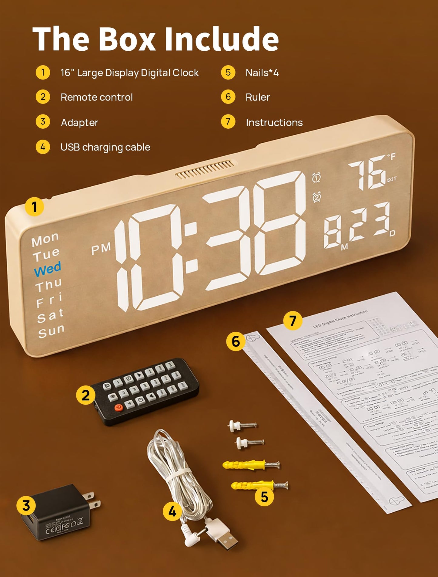 MASHI 2026 Upgrade Digital Wall Clock, 16" Large Display Digital Clock with Remote Control, Auto-Dimming Wall Clock with Night Light, DST, Date Week,Temp for Living Room, Gift for Elderly (Beige)