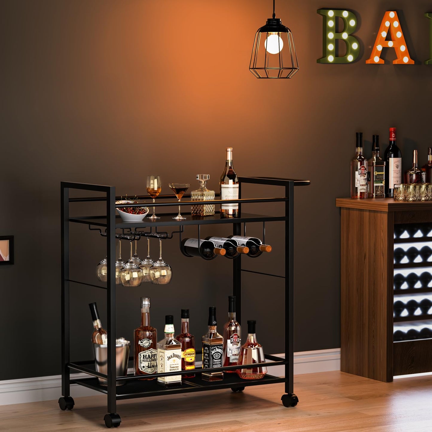Joaxswe Bar Cart,Home Bar Serving Cart with Storage Shelves, 2 Tier Rolling Beverage Cart with Wheels, Modern Wine Cart with Wine Rack and Glass Holder for Kitchen, Living Room,Dinning Room,Black
