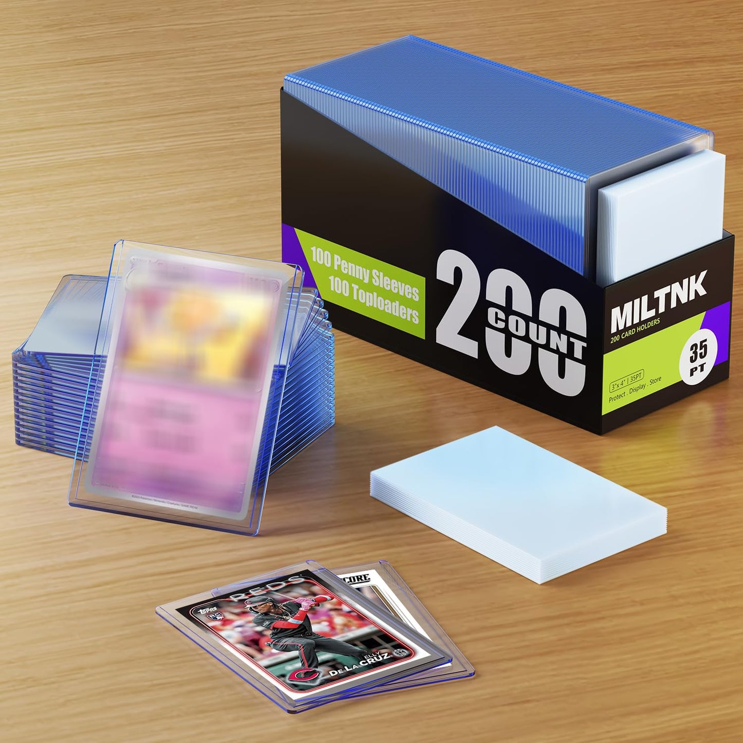 1000 Pack Card Sleeves Toploaders, Hard Plastic Top Loaders, Baseball Sports Trading PKM Card Holder Protectors (500 Toploaders + 500 Sleeves)
