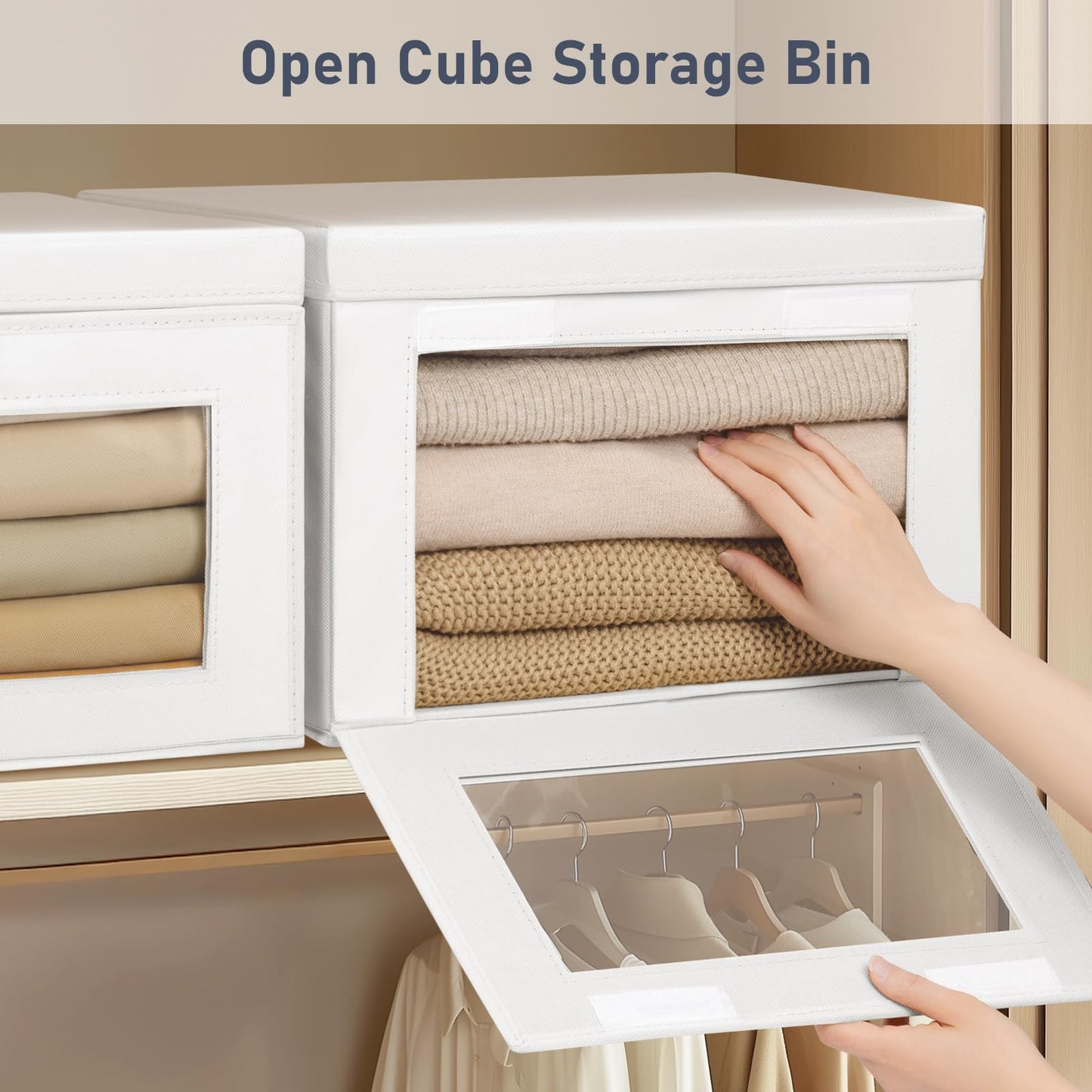 DIMJ Storage Bins with Lids - 4 Pack Large Fabric Closet Organizer with Window & Handles, Collapsible Decorative Storage Boxes for Shelves Under Bed, Books Clothes Blankets Sweaters Organization