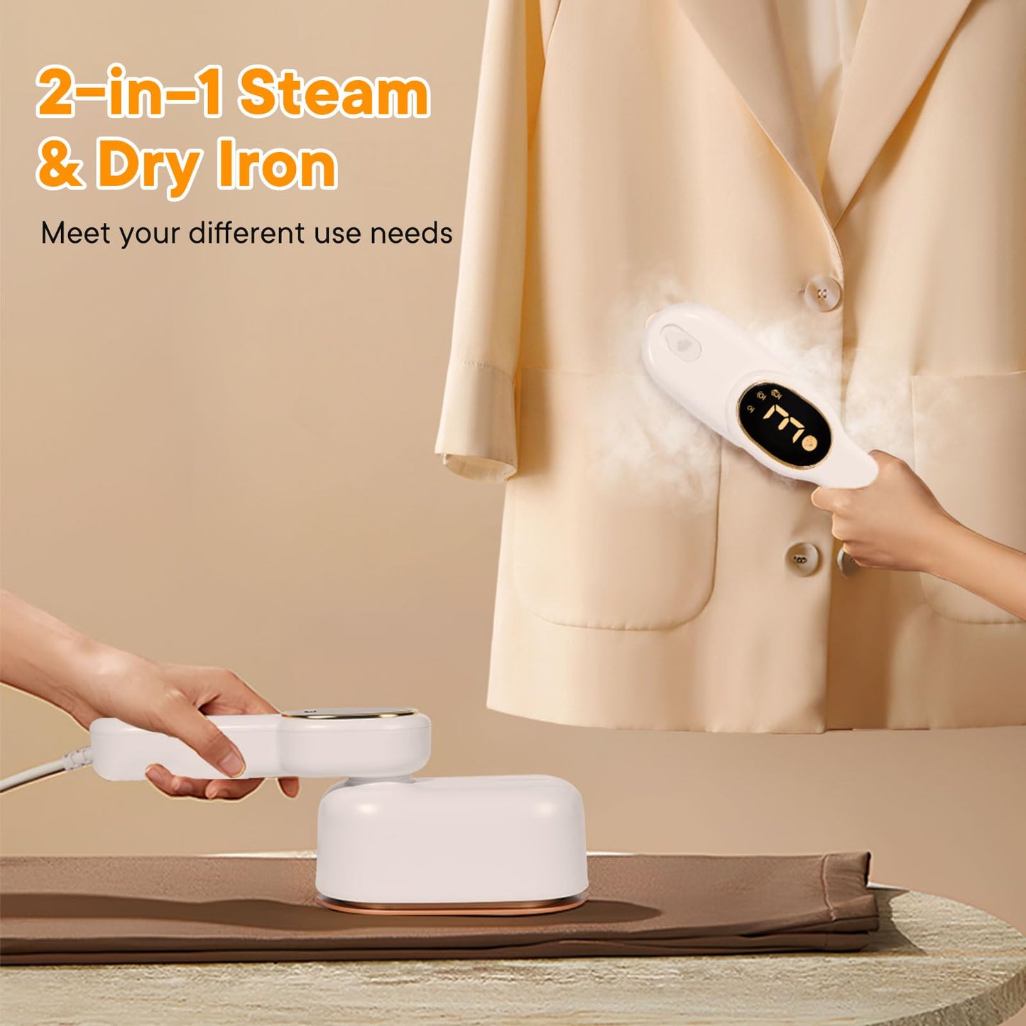 Smart Travel Steamer for Clothes, 1200W Handheld mini travel Steam All-in-One Portable Steamer Iron with LCD Display, 3 Steam Modes & 5s Fast Heat-up, Garment Steamer for Travel, Home, and Office