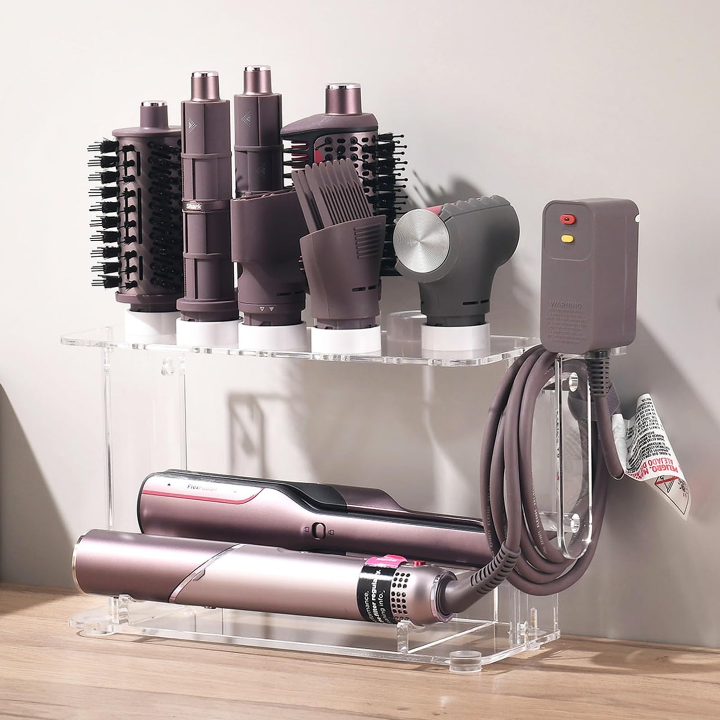 HAVICATO Hair Tool Holder for Dyson Airwrap Attachments, Storage Holder Compatible with Shark FlexStyle FlexFusion, Acrylic Display Rack Countertop Organizer Wall Mount for Hair Stylers, Clear&White