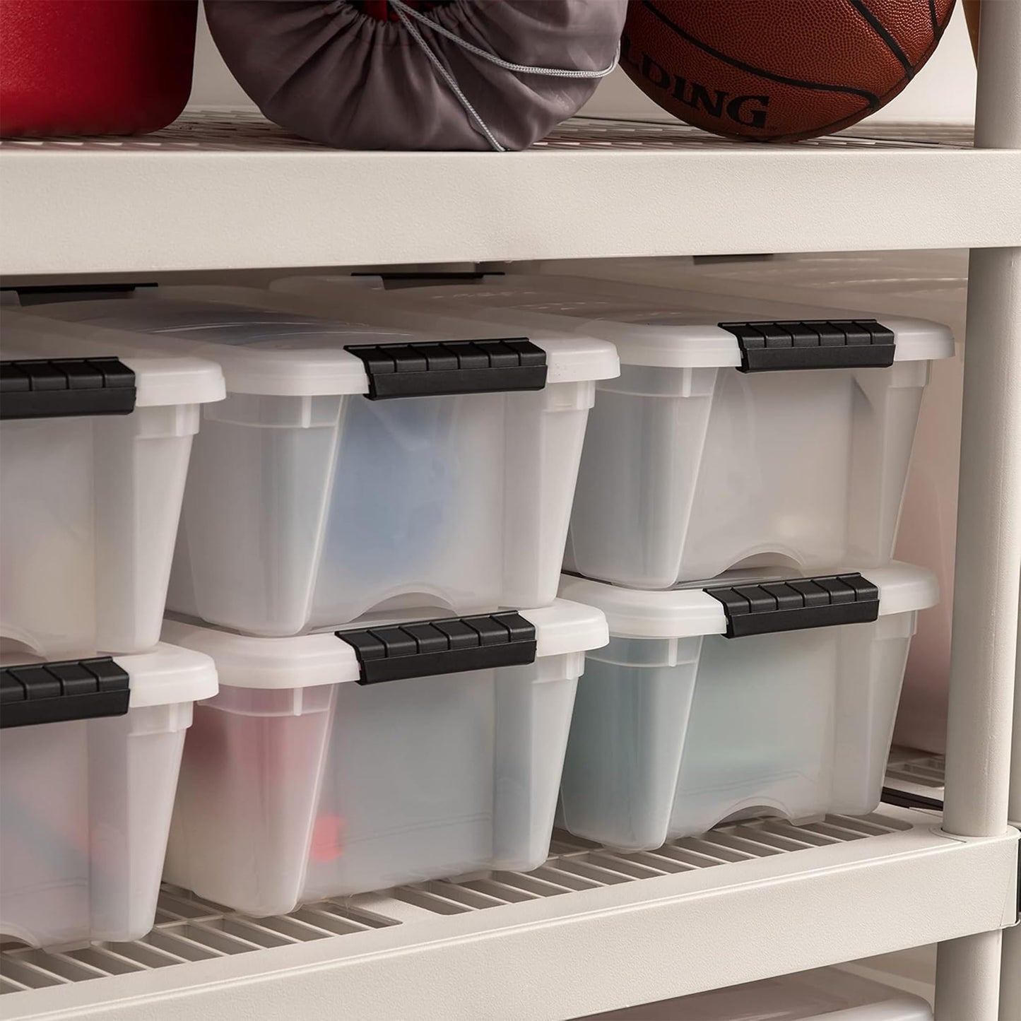 IRIS USA 13 QT Plastic Storage Box with Lid and Latches - 6 Pack - BPA-Free, Discreet Organizing Solution, Durable Nestable Stackable Containers, Secure Pull Handle - Pearl