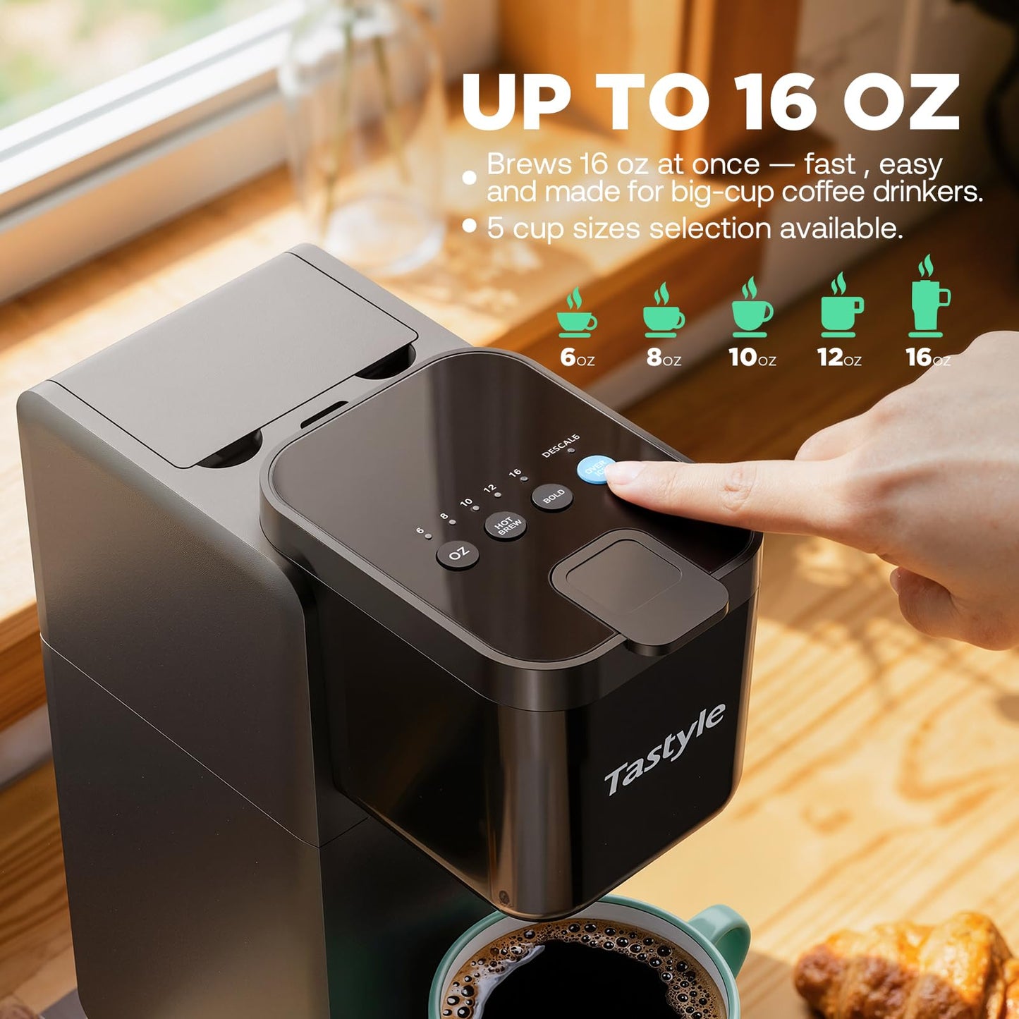 Tastyle Single Serve Coffee Maker Hot and Iced with Bold Brew, Small Coffee Machine for K Cup and Ground, Fits 7.3'' Travel Mug, Brews up to 16 Oz, 5 Cup Sizes, for Office, RV& Hotel, Elegant Black