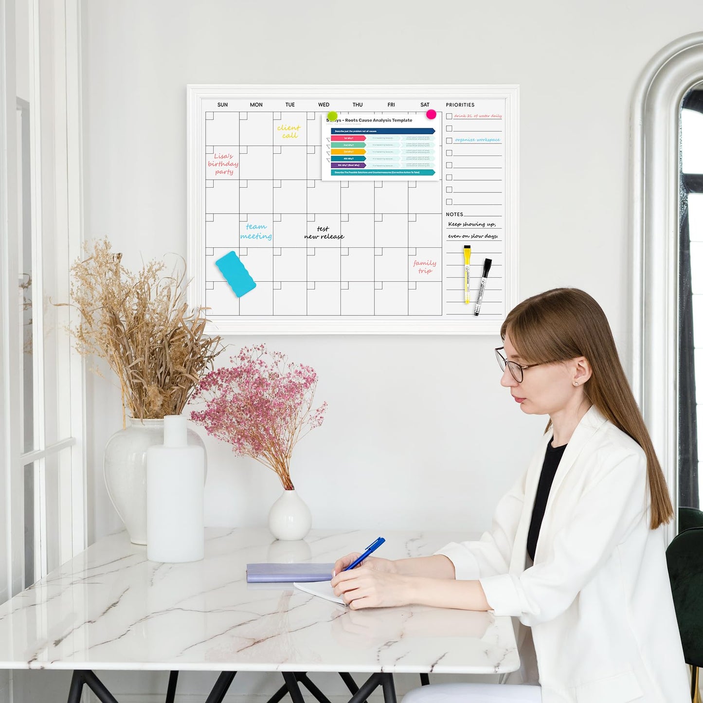 DOLLAR BOSS Magnetic White Board Calendar 36''x 24'', Monthly Dry Erase Planner for Wall with White Wood Style Frame for Office, School, Dorm, Home Decor