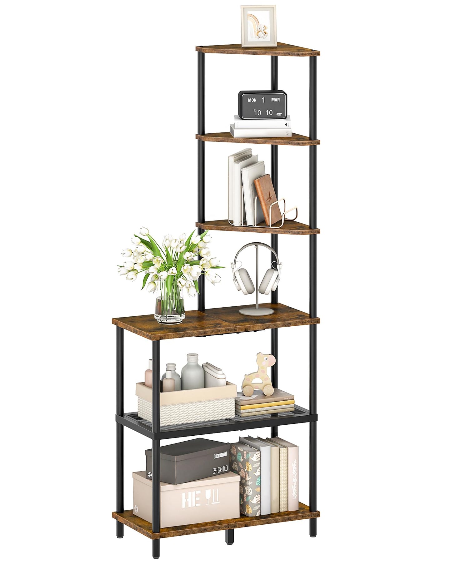 CHOEZON 6-Tier Corner Shelf, Industrial Corner Bookshelf with Desk Top, Diamond-Shaped Storage Shelves, Display Stand for Small Spaces, Living Room, Home Office, Foyer, Rustic Brown and Black TCJ70BF