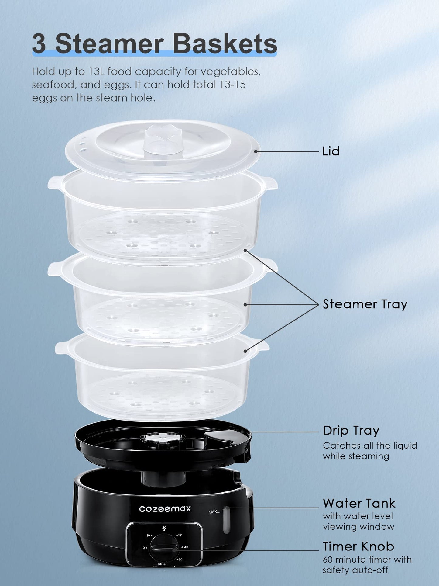 Cozeemax 3 Tier Electric Food Steamer for Cooking, 13.7QT Vegetable Steamer for Fast Simultaneous Cooking, Veggie Steamer, Food Steam Cooker, 60 Minute Timer, BPA Free Baskets, 800W(Black)