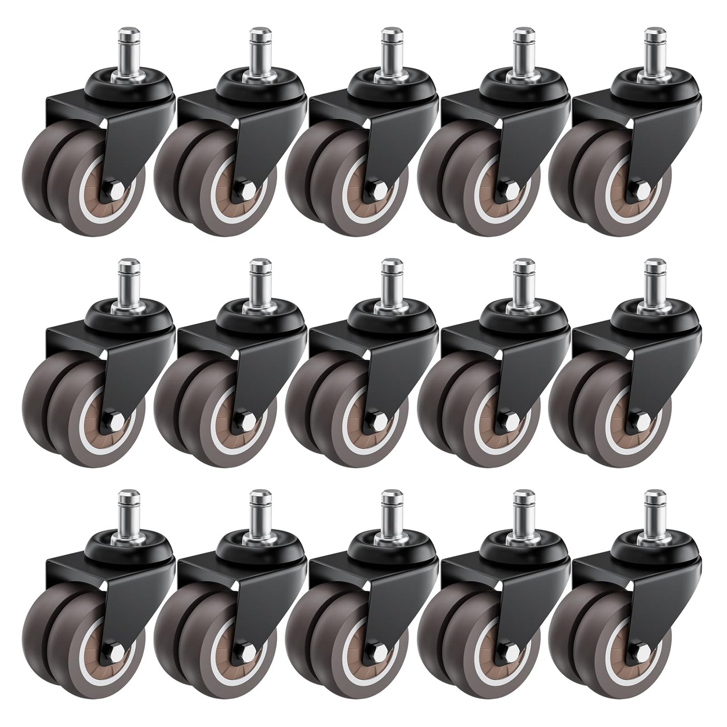 ASHGOOB 2 Inch Low Profile Office Chair Casters 650 lbs, Dual-Wheel TPR Rubber Wheels with Electrophoretic Coating Steel Bracket, Silent Non-Scratching for Hardwood Floors, Set of 15 (Grey)