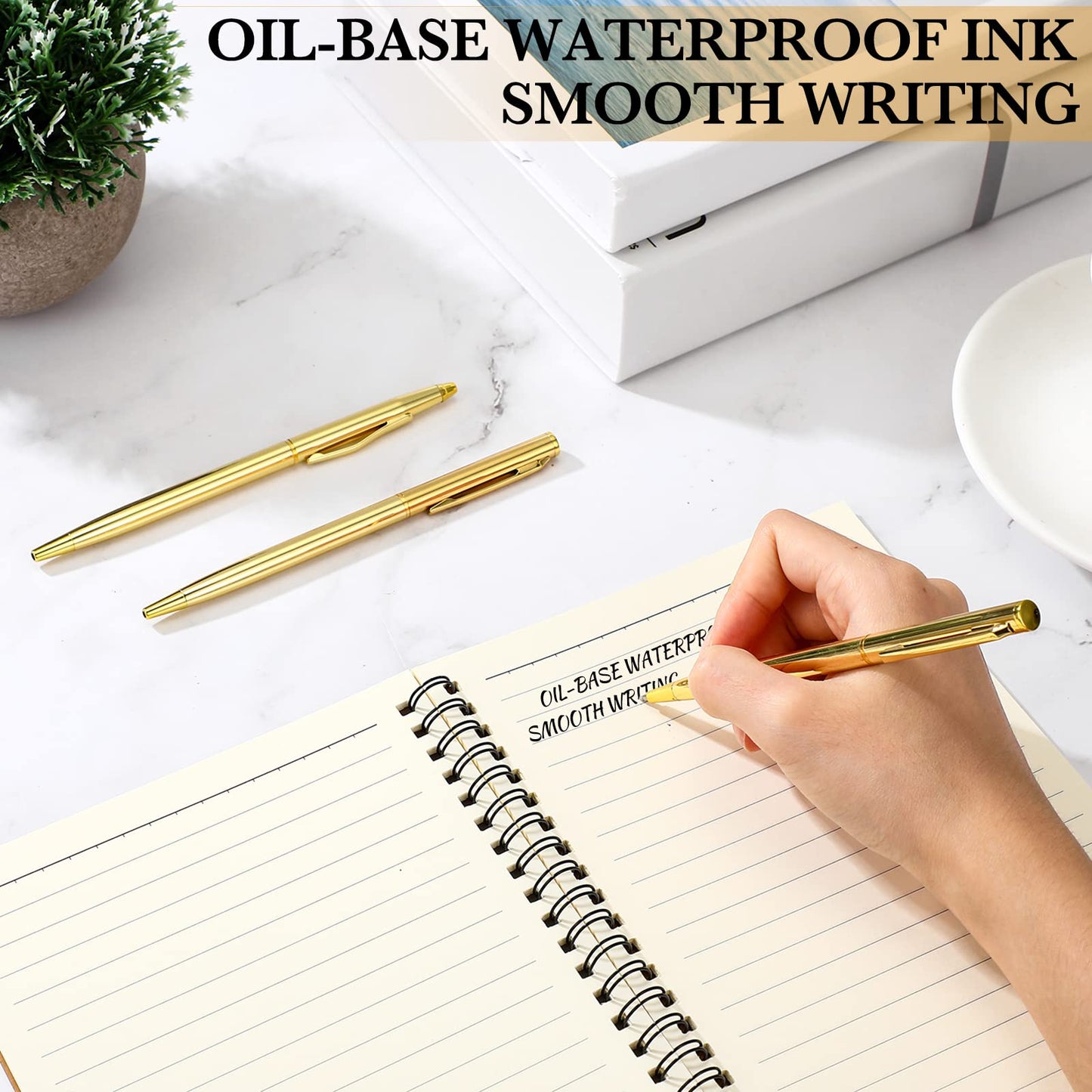 Fuutreo 100 Pack Gold Pens Bulk Gold Metal Slim Ballpoint Pens Retractable Black Ink 1.0 mm Ballpoint for Wedding Business Office Writing Supplies