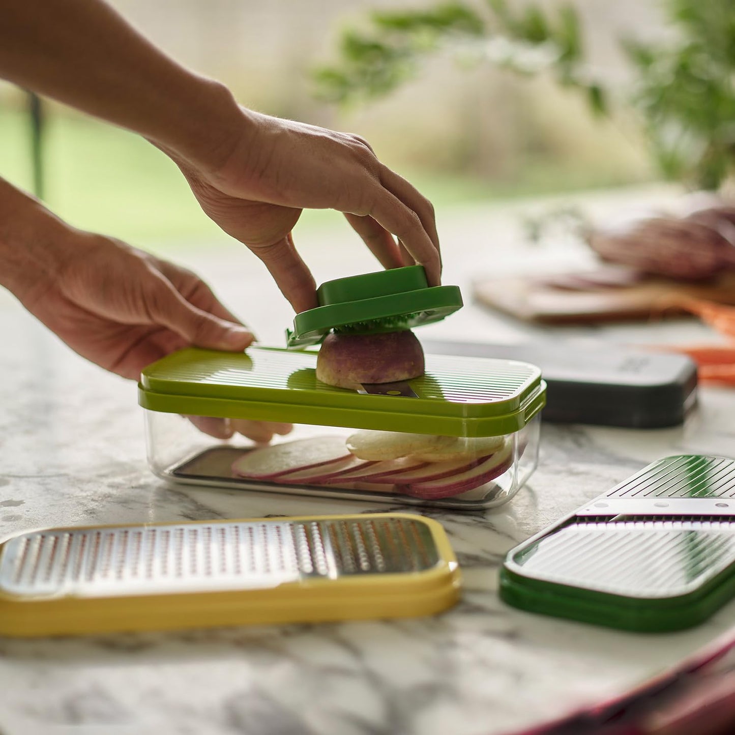 Joseph Joseph Multi-Prep Compact 4-in-1 Multifunctional Set, Kitchen Vegetable Chopper & Dicer, Cheese Grater, Mandoline Veggie Slicer, Food Julienne Cutter with Container