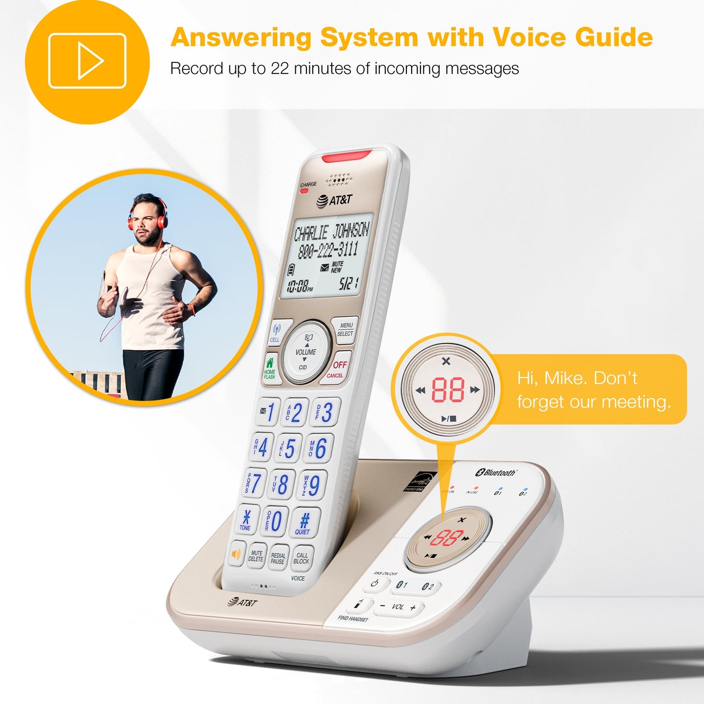 AT&T BL3112 Cordless Home Phone – 1 Handset, Bluetooth to Cell, Smart Robocall Blocker (1,000), Digital Answering, Expandable