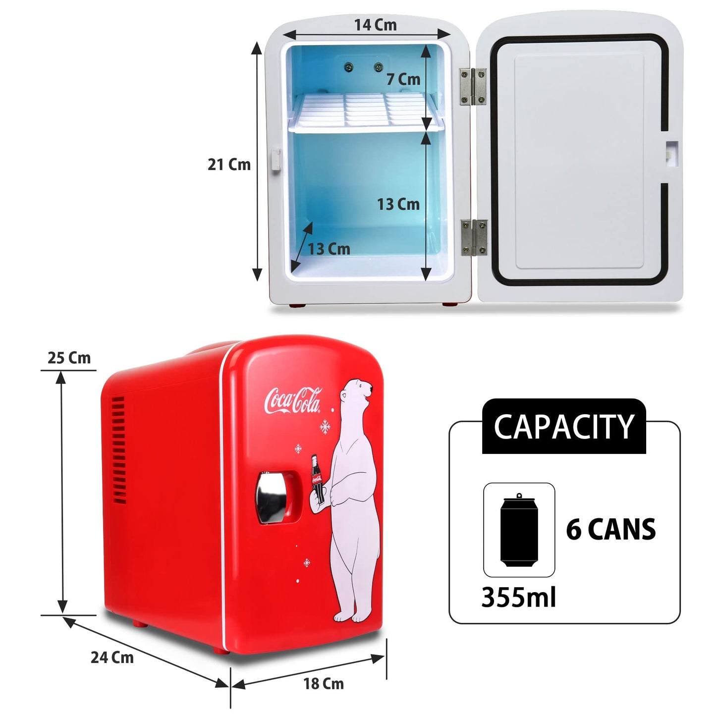 Coca-Cola 12V Portable 4L Cooler/Warmer, AC/DC Powered, Power Cords Included, Compact Travel Speaker and Personal Mini-Fridge, Unique Gift for Music-Lovers