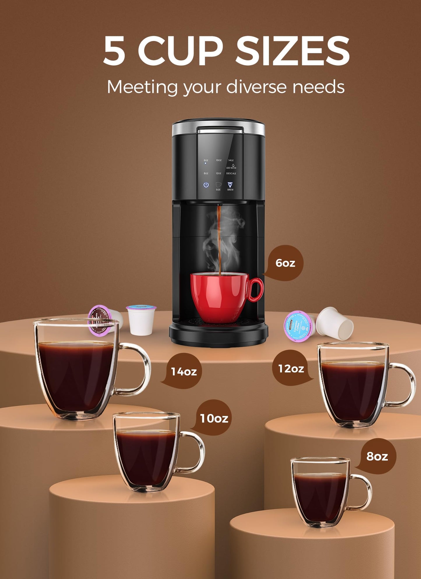 COWSAR Commercial Single Serve Coffee Maker, K Cup Coffee Brewer for Capsule and Ground Coffee, Capsule Coffee Machine with 40 Oz Water Tank, Instant-Heat, 5 Brew Sizes Up To 14 Oz, Satin Black