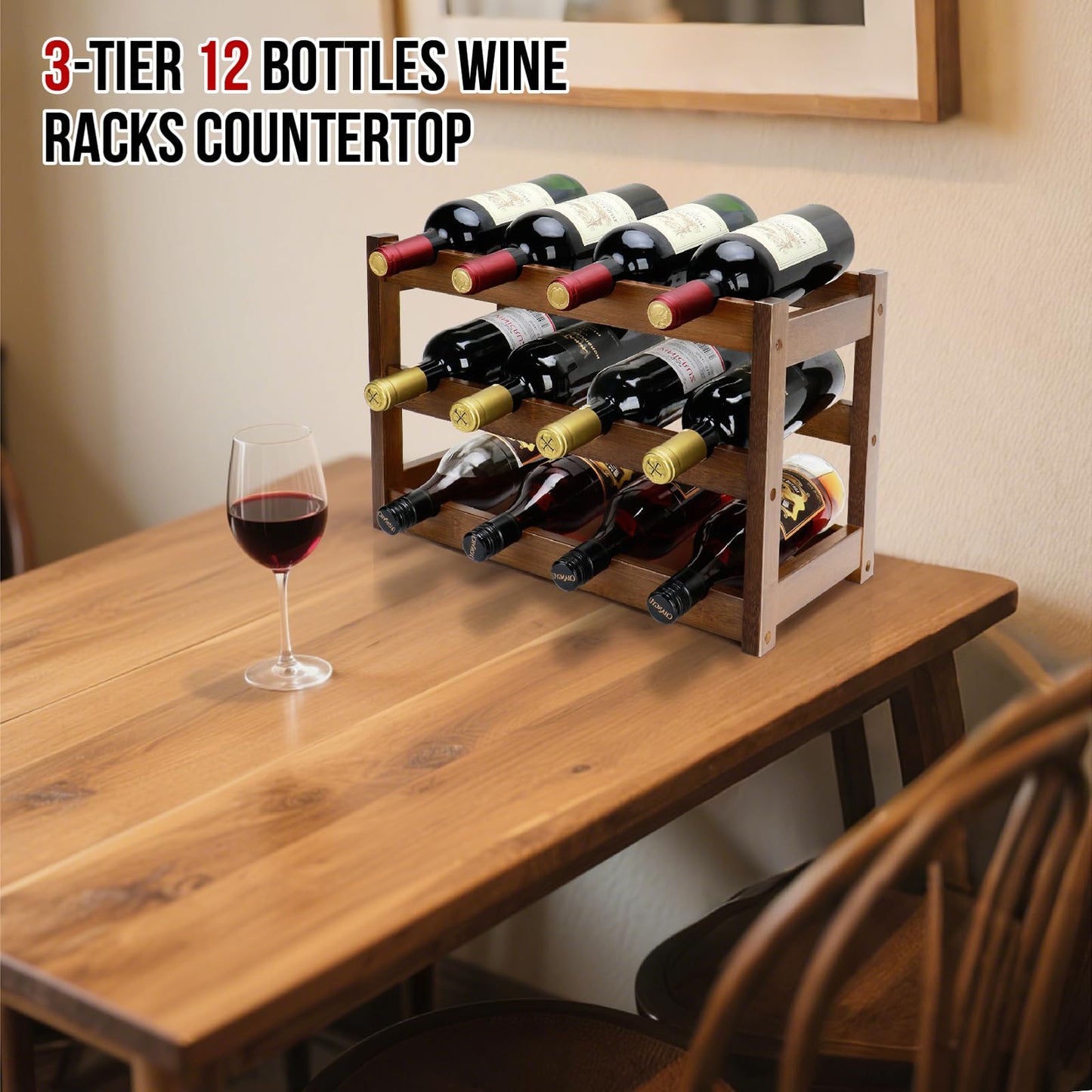 Thalomely Bamboo Wine Rack, 3-Tier 12 Bottles Wine Storage Cabinet Shelf, Easy-Assembly Freestanding Bamboo Wine Racks Countertop for Kitchen Pantry Dining Room Bar, Walnut