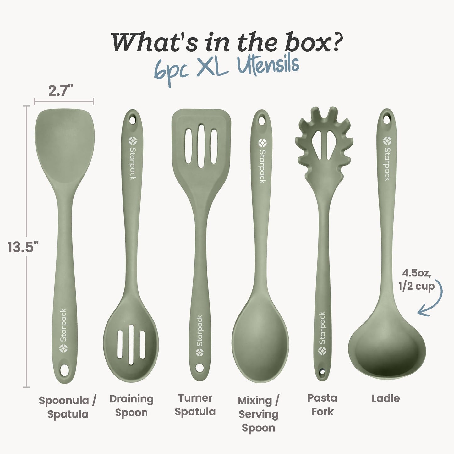 Starpack Like a Boss XL Silicone Cooking Utensils Set (6-Piece, 13.5") - LFGB Certified, 600°F Heat Resistant, BPA-Free - Heavy-Duty Steel Core, Dishwasher Safe - for Nonstick Cookware, Sage Green