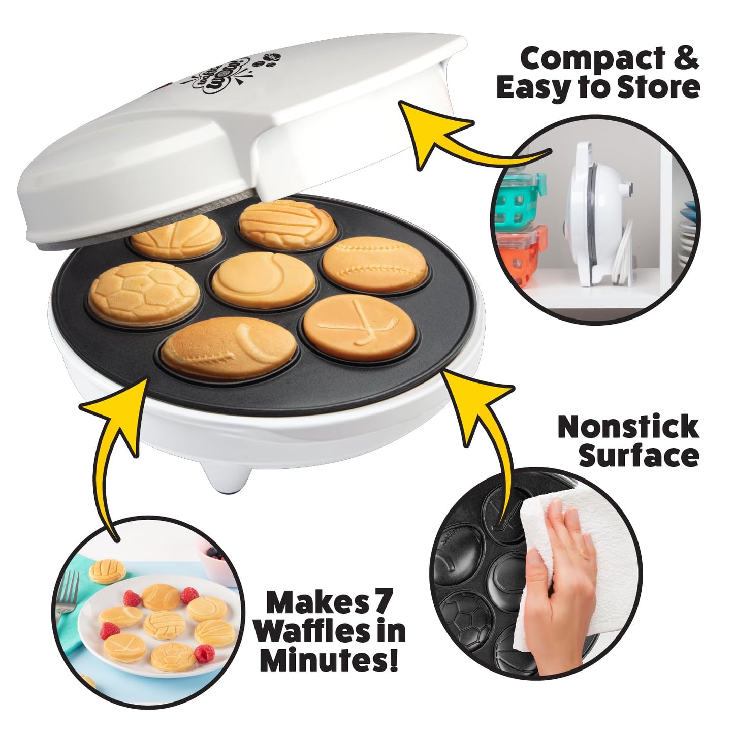 Sports Waffle Maker- Make Breakfast a Slam Dunk- Bakes 7 Themed Pancakes Including Football, Baseball, Basketball, Soccer, Tennis & More- Electric Nonstick Waffler w Recipes- Kids Team or Coach Gift