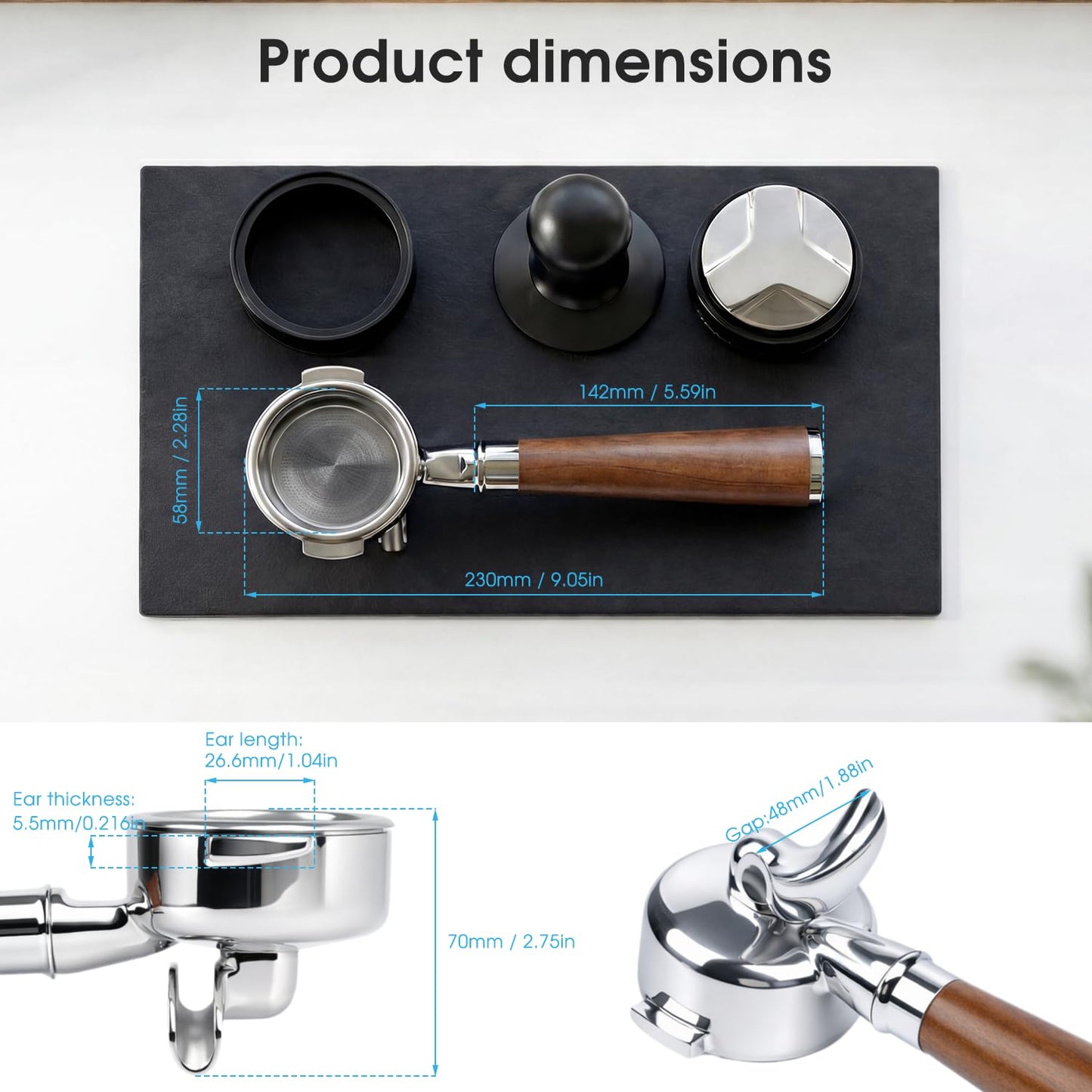 KUCHZUBE 58mm Portafilter Double Spout Fits E61, Flair 58, ECM, Rancilio Silvia Machines | 2 Ears 58mm Portafilter with Filter Basket and Wooden Handle