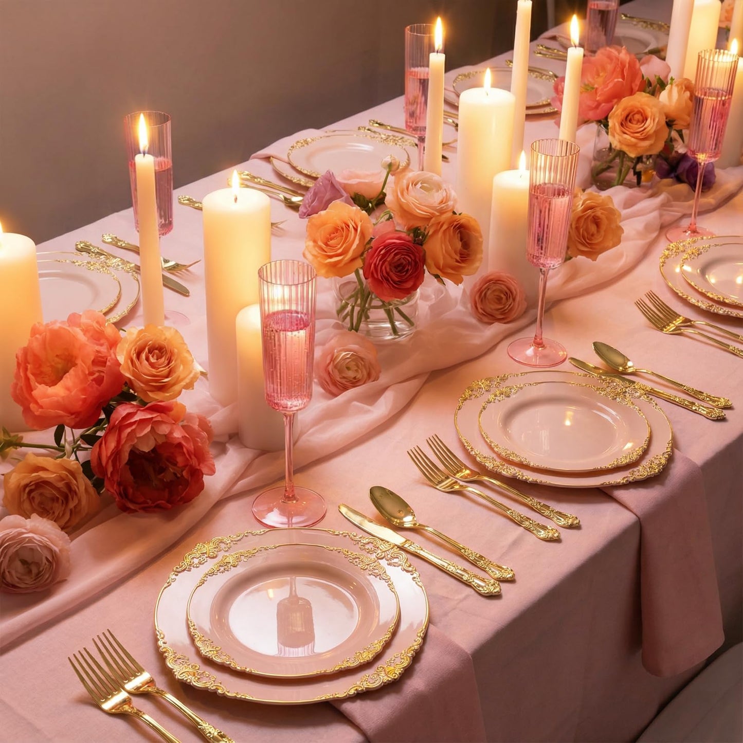 Joyido 36 Pack Pink Plastic Champagne Flutes - 6oz Ribbed Disposable Champagne Glasses - Clear Pink Vintage Mimosa Glasses with Long Stem Elegant & Lightweight for Wedding Party