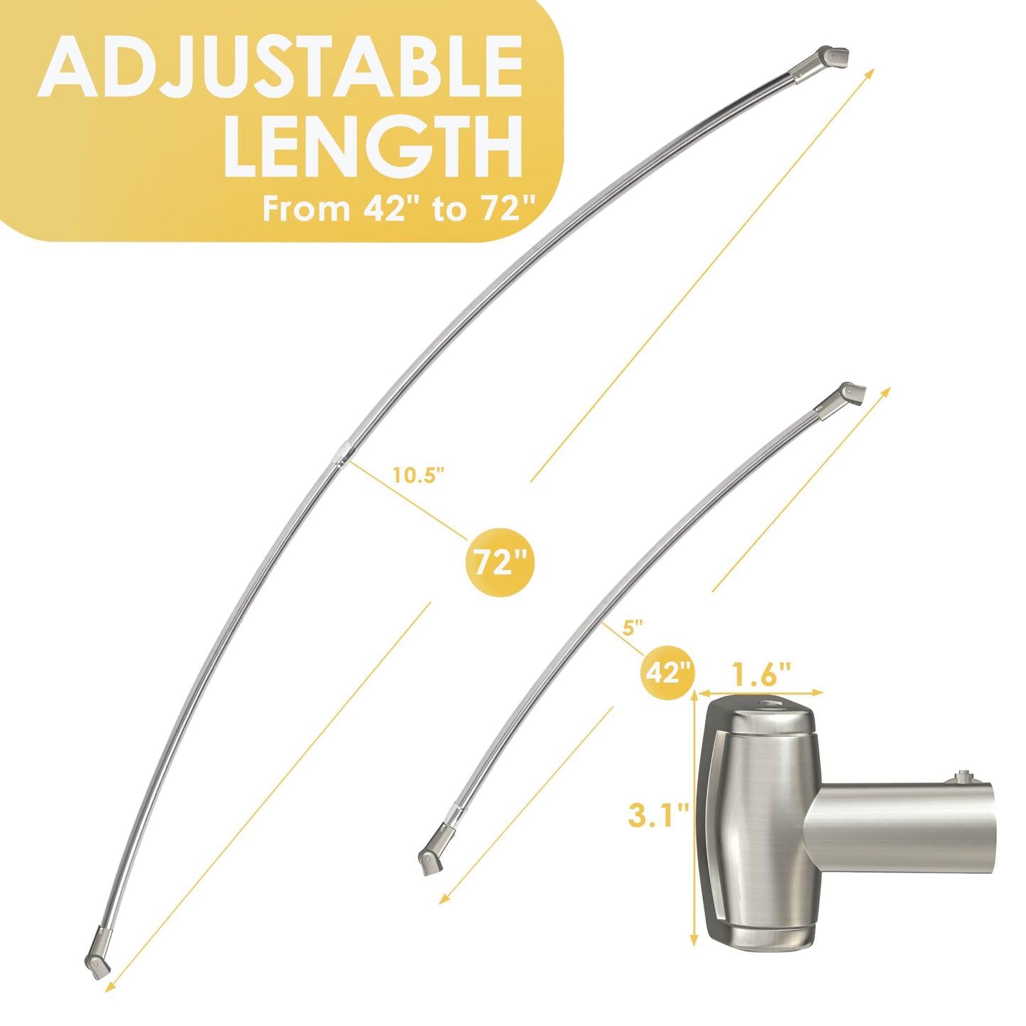 Chrsouly Adjustable Curved Shower Rod, 42-72 inches Extra Wide Shower Curtain Rod, Rust proof, Premium Stainless Steel, Curved Shower Curtain Rod for Bathroom, Need to Drill, Nickel