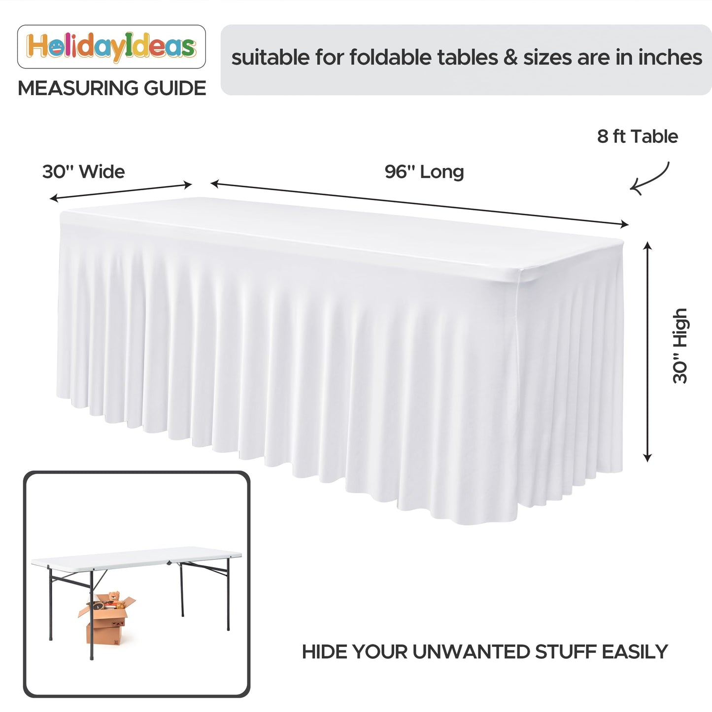 HolidayIdeas White 8ft Spandex Tablecloth 2 Pack Fitted Stretch Table Skirts 30x96 Inch, Wrinkle-Free Floor Length Polyester Table Cover for Weddings Parties Banquets Events