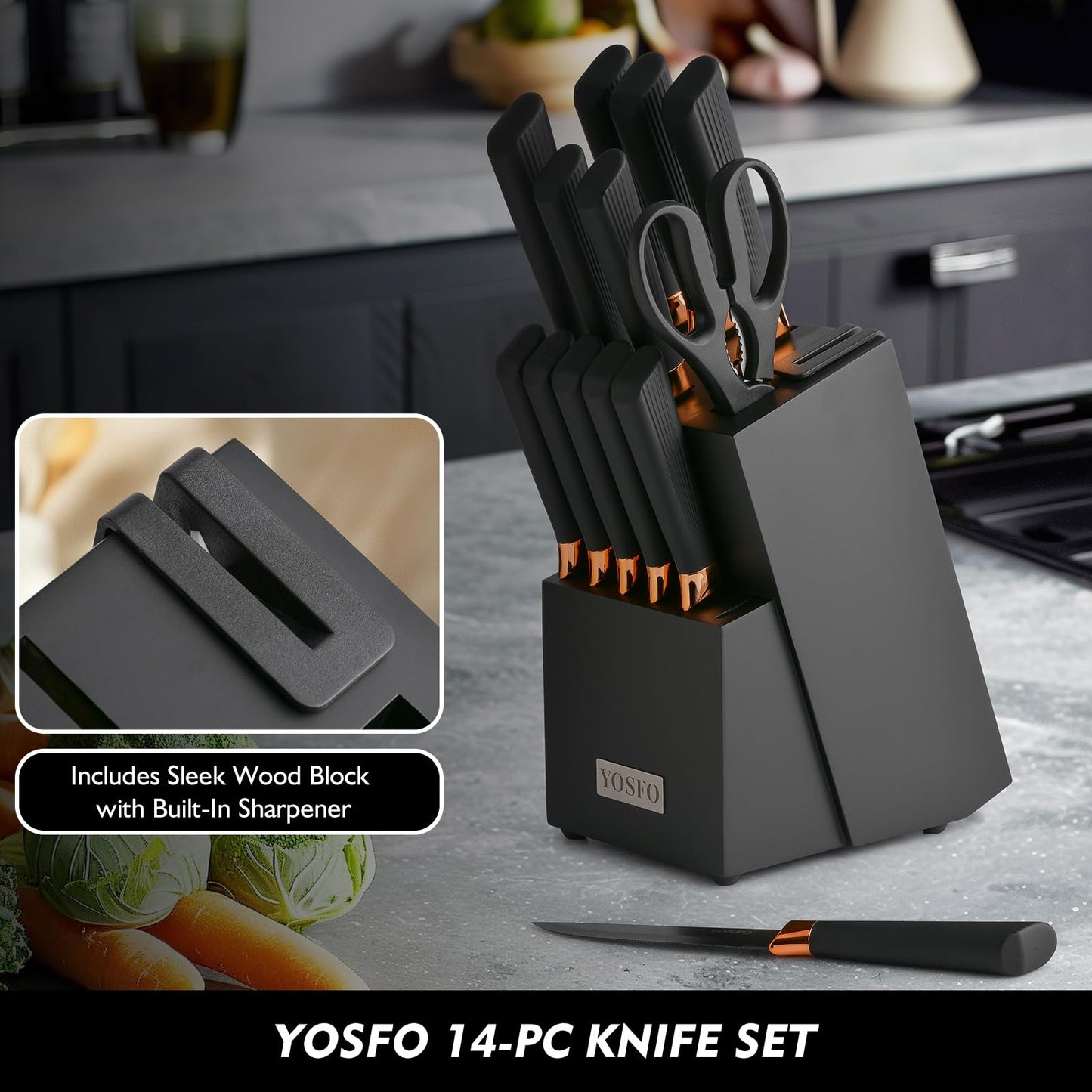 YOSFO Kitchen Knife Set,15 Pcs Knife Set with Block and Sharpener,High Carbon Stainless Steel Ultra Sharp,Dishwasher Safe