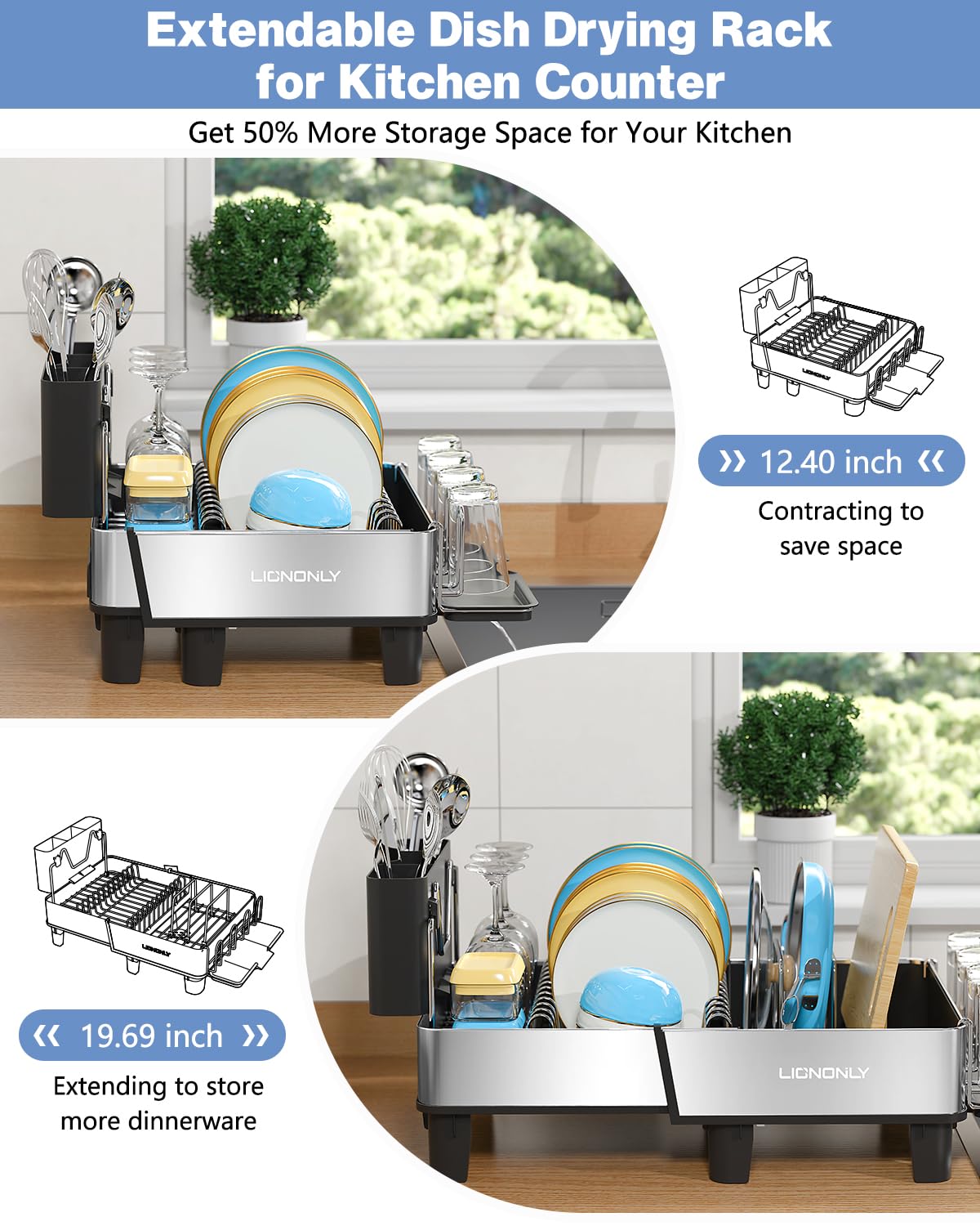Dish Drying Rack, 304 Stainless Steel Exendable Dish Rack with Adjustable Drain Spout, Large Capacity Dish Drainer with Utensil Holder, Cup Holder and Cutting Board Rack for Kitchen Counter, Black