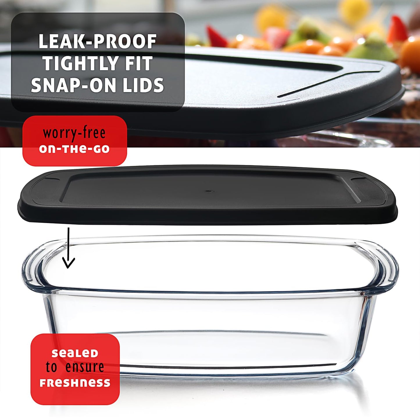 EATEX Glass Bread Pans for Homemade Bread Baking, 1.9 Quart Deep Rectangular Glass Food Storage Containers with Lids, 3 Bread Loaf Pans 3 Airtight Lids Black Microwave Oven & Freezer Safe