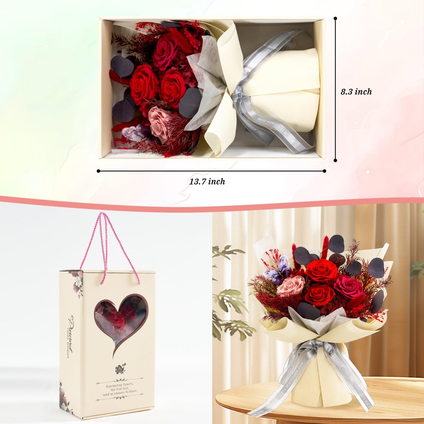 Preserved Flowers Bouquet Roses with Vases,Real Birthday Flowers for Delivery Prime,Forever Glitter Rose Bouquets Kit,Handmade Eternal Rosas Butterfly Gifts for Mom Birthday Women Girl (Red)