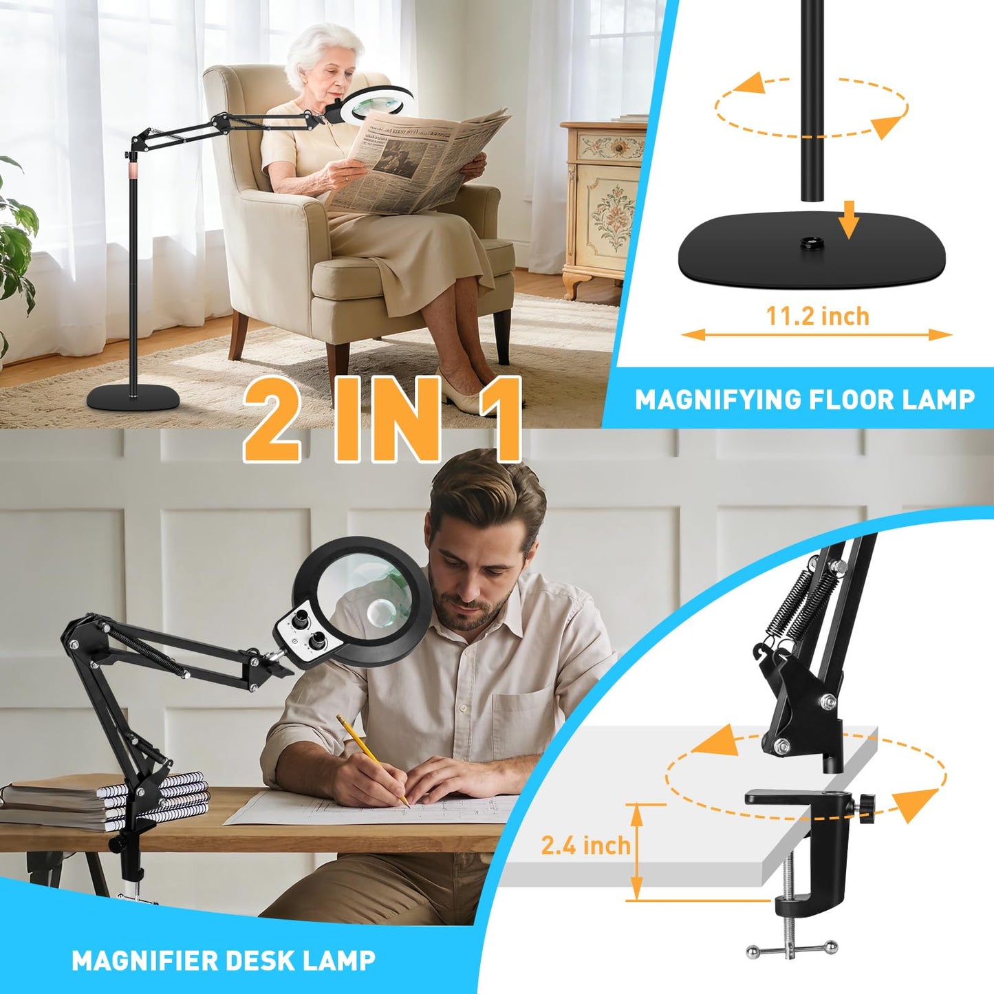 KMDES 30X 12X Magnifying Floor Lamp, 2 in 1 Magnifying Glass with Light and Stand for Craft, Repair, Sewing, Workbench, Magnifier Light Dual Knob Stepless Brightness Color Modes & Adjustable Height