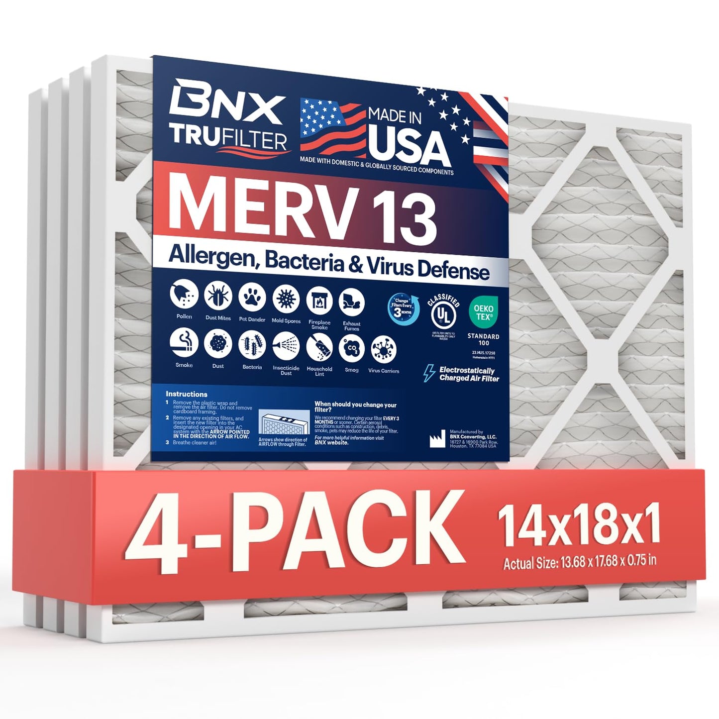 BNX TruFilter 14x18x1 MERV 13 (4-Pack) AC Furnace Air Filter - MADE IN USA - Electrostatic Pleated Air Conditioner HVAC AC Furnace Filters - Removes Pollen, Mold, Bacteria, Smoke
