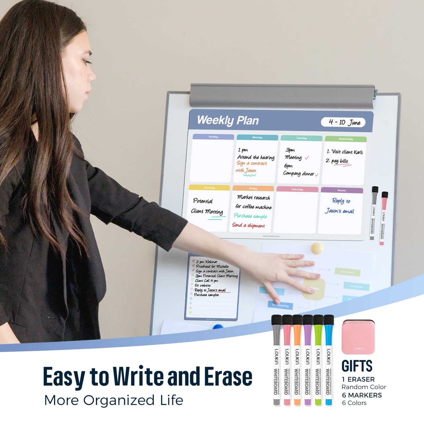 Loukin Dry Erase Calendar 4 Pack(Monthly+Weekly+Checklist+Mini Note), Electrostatic Adsorption Whiteboard Planners, Reusable Schedule for Office, Classroom, Refrigerator, 6Markers & 1Eraser Included