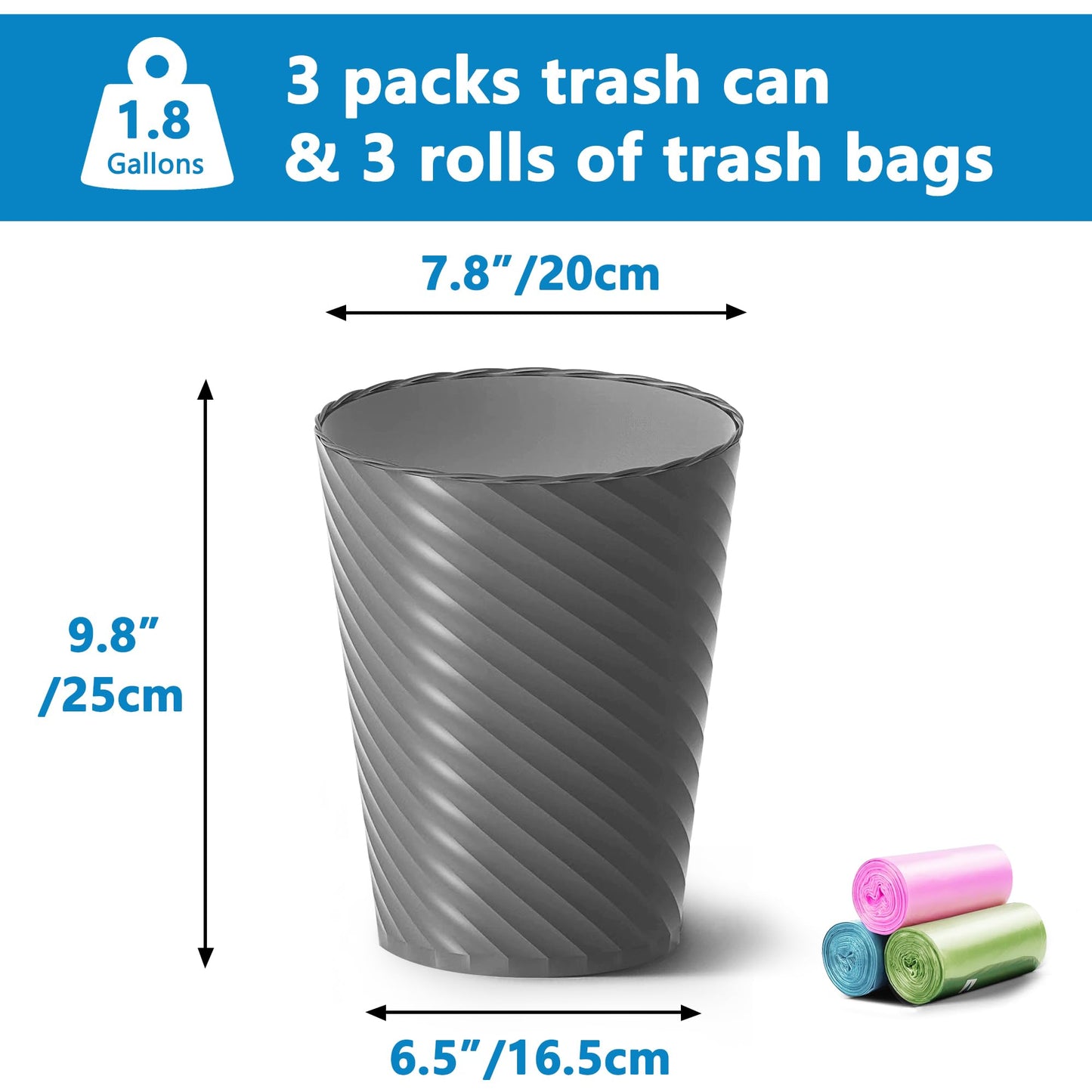 Lysam Bathroom Trash Can, 3 Pack 1.8 Gallons Small Trash Can with Trash Bags, Bathroom Garbage Can, Plastic Trash Bin, Round Waste Basket for Bedroom, Office, Room (White Black Grey)