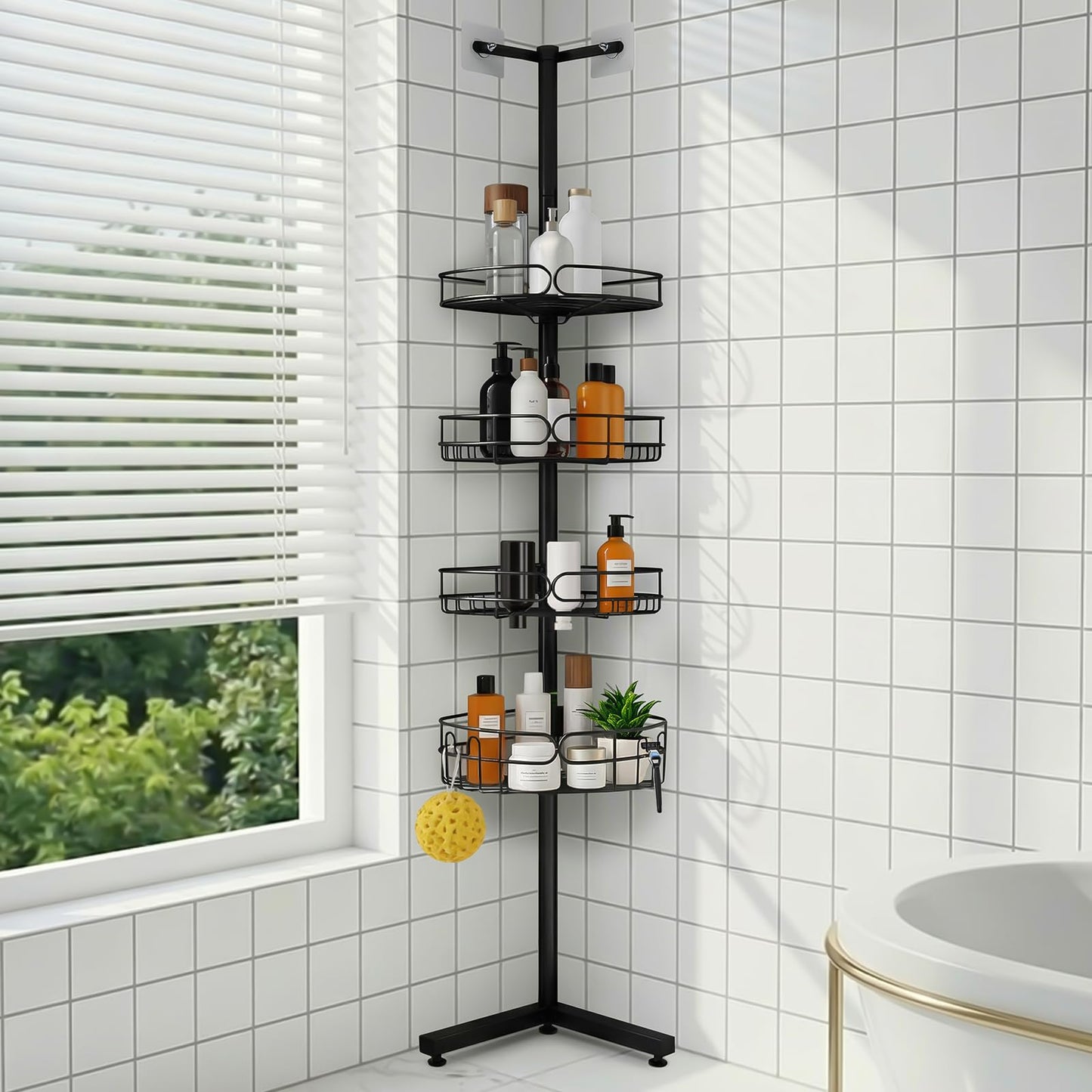Marovitax Standing Shower Caddy Corner, 4-Tier Adjustable Height Bathroom Organizer, 6-Section Pole, Sturdy Floor Standing Shelf for Shower or Bathtub – No Drilling, No Spring Tension