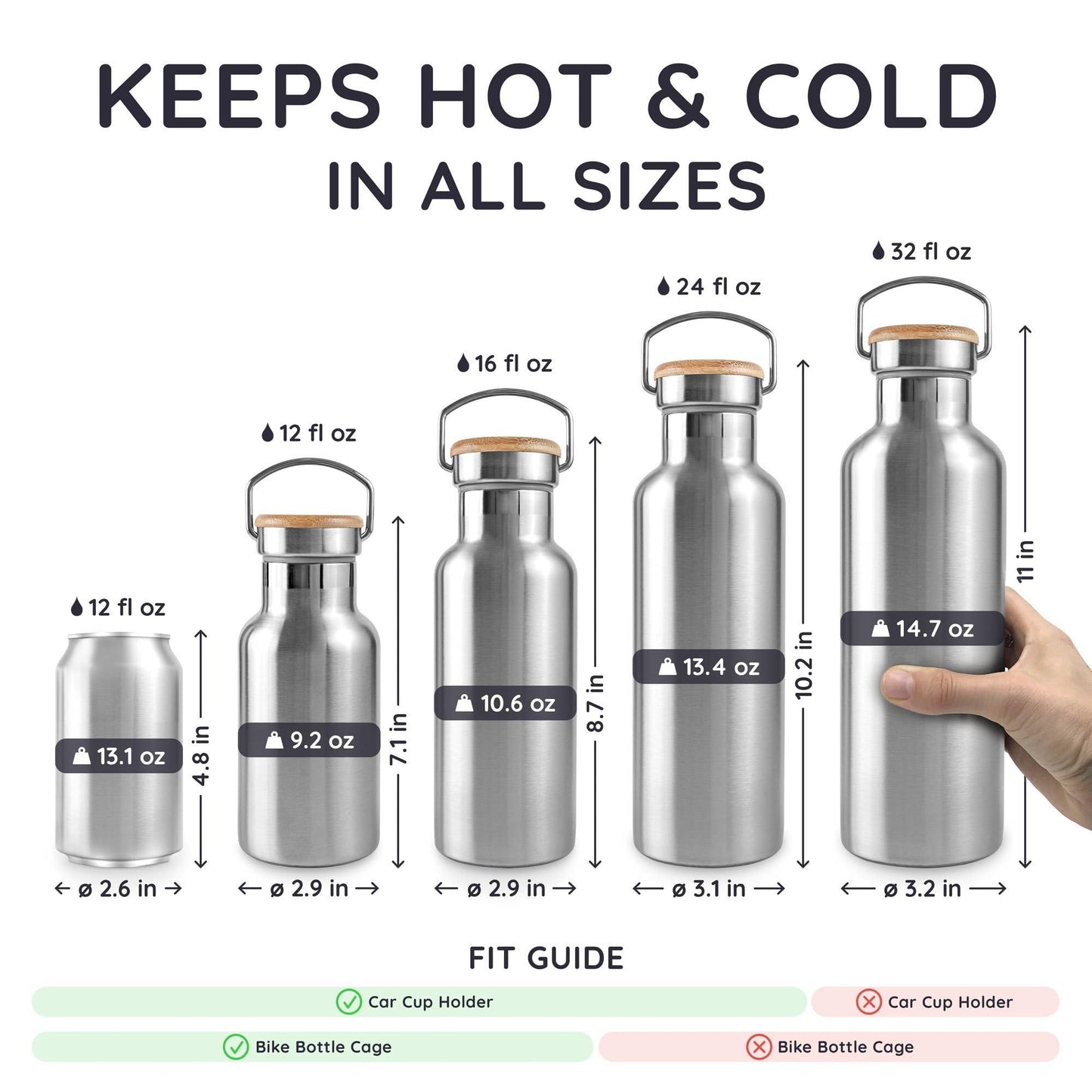 Bambaw Stainless Steel Insulated Water Bottle 32 oz, Stainless Steel Water Bottles 32 oz with Handle & Wide Mouth, Rust-Resistant Metal, Durable & Great for Travel (Natural Steel)