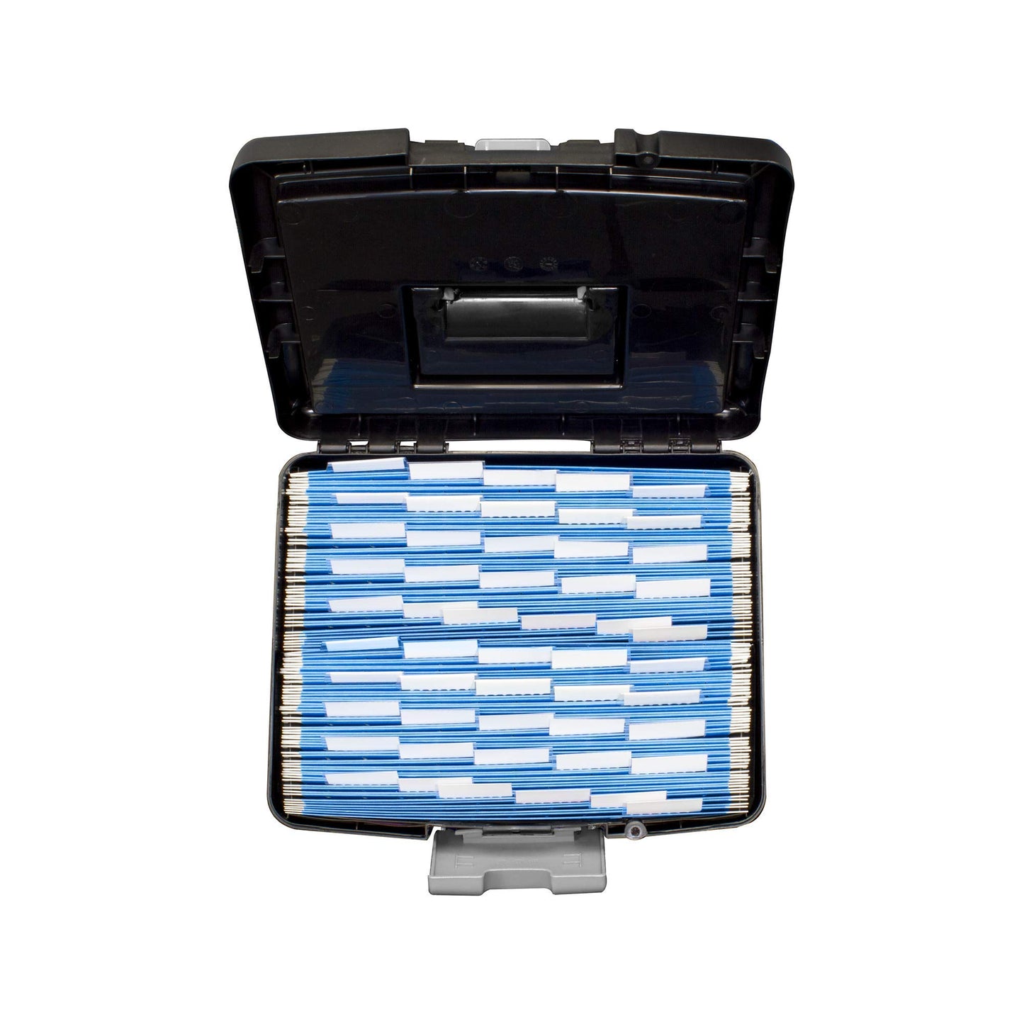 Storex Portable File Box with Organizer Lid – Plastic Office File Storage Box for Letter Paper and Hanging Folders, Obsidian, 1-Count (61504C01C)