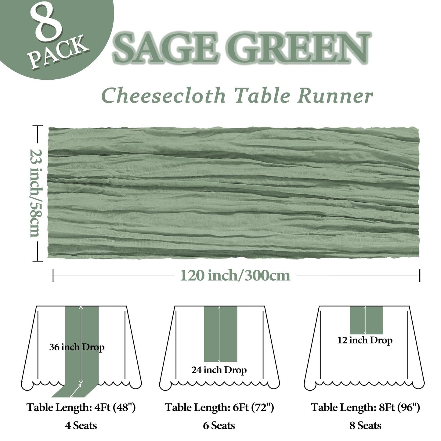 8 Pack Sage Green Cheesecloth Table Runner 10Ft Gauze Cheese Cloth Table Runner 120 Inch Boho Sheer Rustic Fabric for Home Decor Bridal Baby Shower Wedding Decoration
