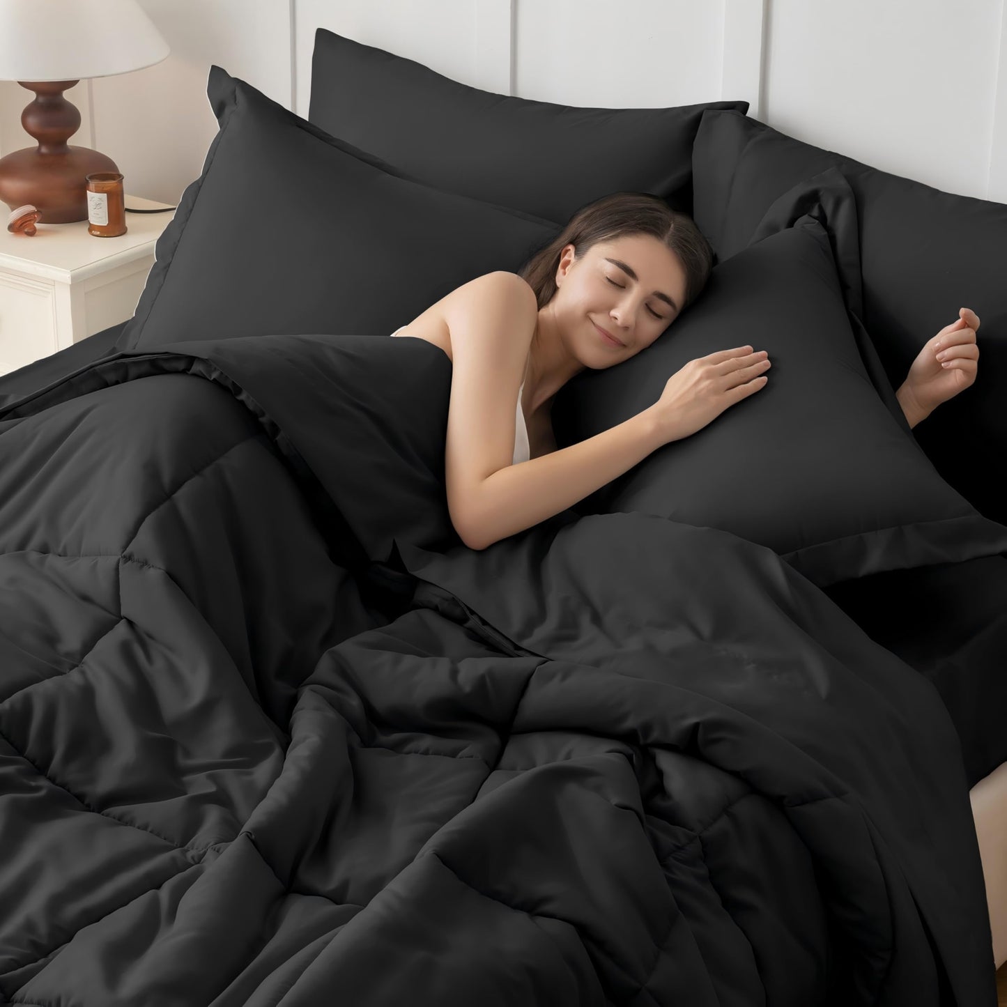 JOLLYVOGUE Twin Comforter Set, Ultra-Soft Bed in a Bag Twin Size 5 Pieces, Oeko-TEX Certified Bedding Set with Down Alternative Comforter, Sheets, Pillowcases & Shams, Black