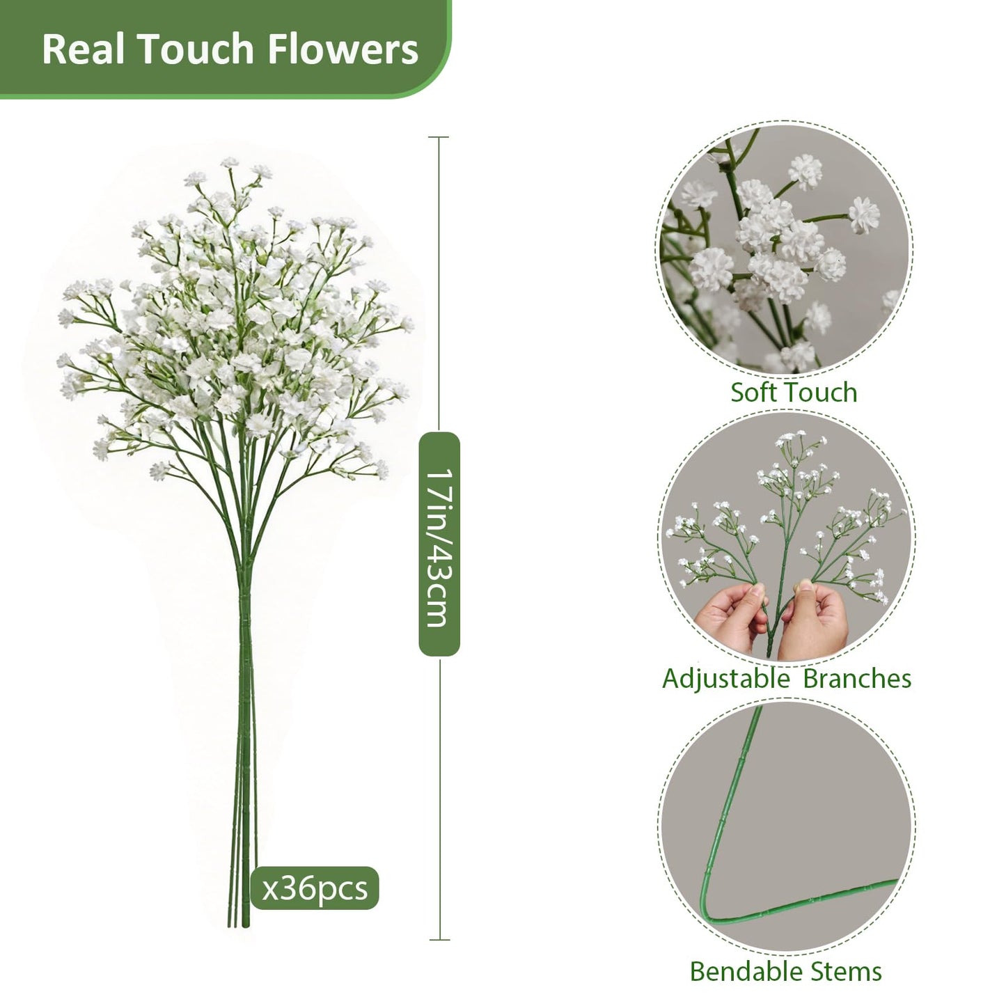 Cherica 36 Pcs Babys Breath Artificial Flowers, Baby Breath Flowers Artificial Bulk Long Stem Fake Babies Breath Faux Gypsophila White Flowers Artificial for Decoration (No Eucalyptus Stems)